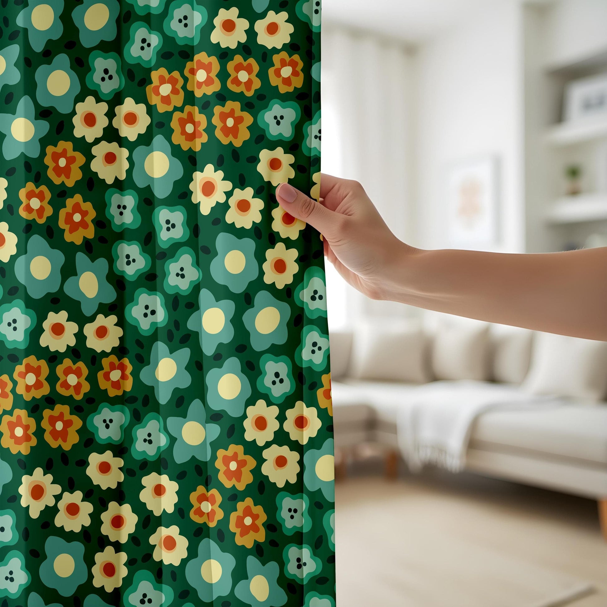 Onay 70s Floral Curtains – Retro Green & Orange Cottagecore Draps