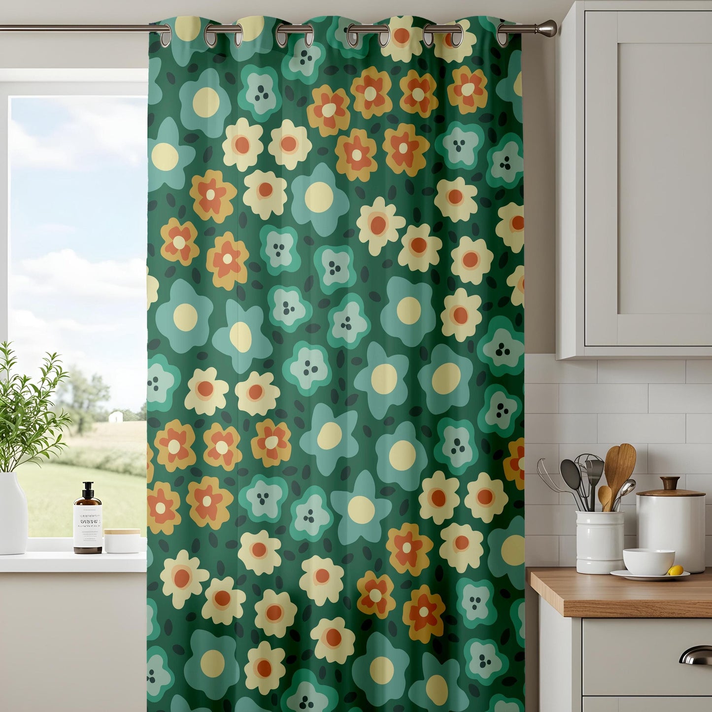 Onay 70s Floral Curtains – Retro Green & Orange Cottagecore Draps