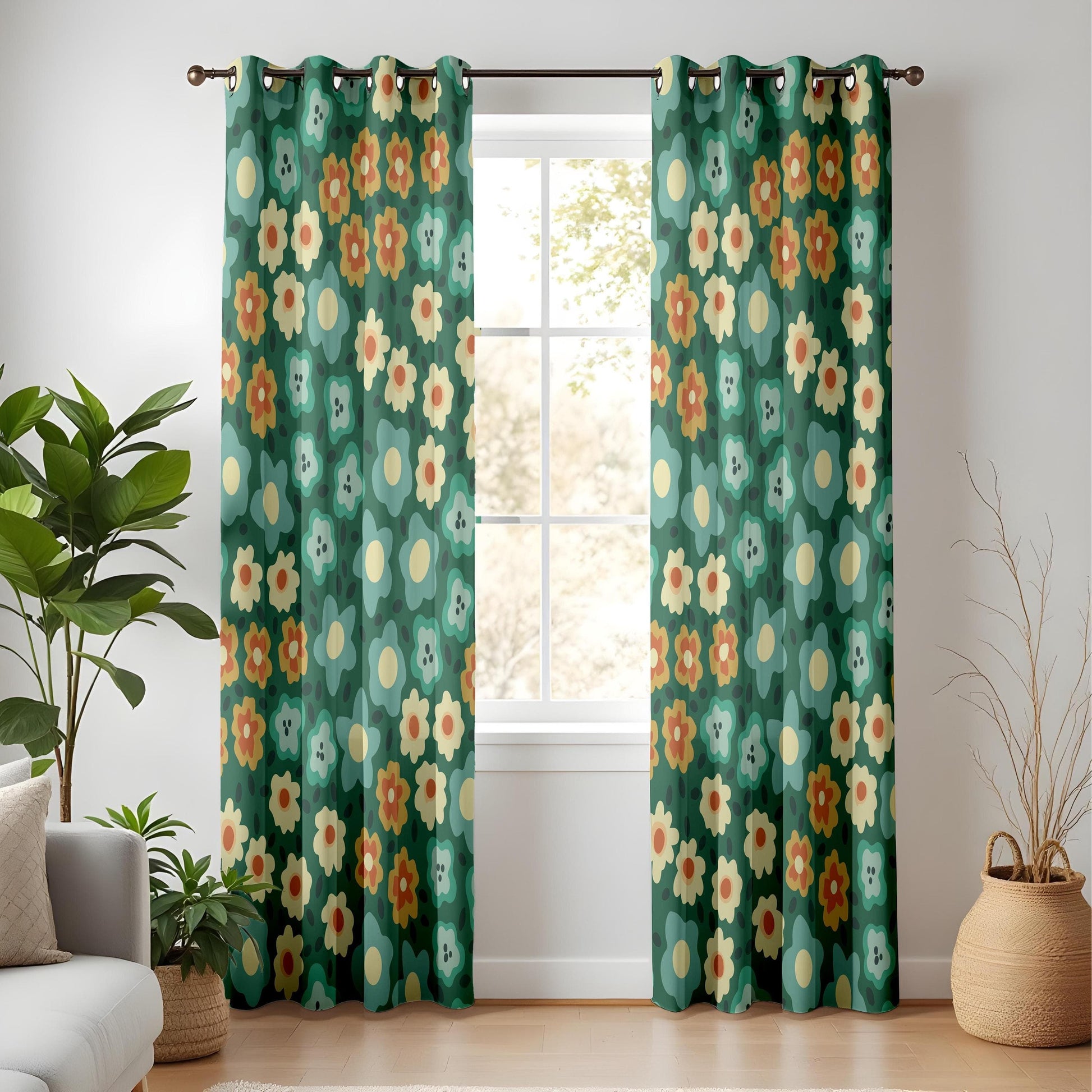 Onay 70s Floral Curtains – Retro Green & Orange Cottagecore Draps