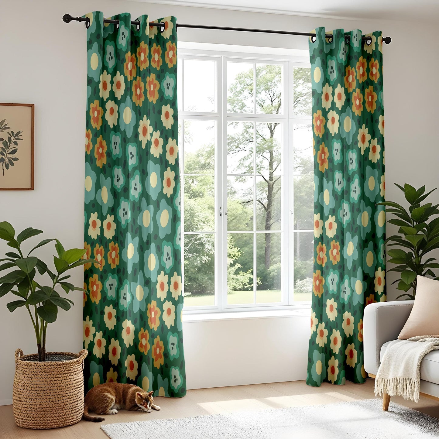 Onay 70s Floral Curtains – Retro Green & Orange Cottagecore Draps