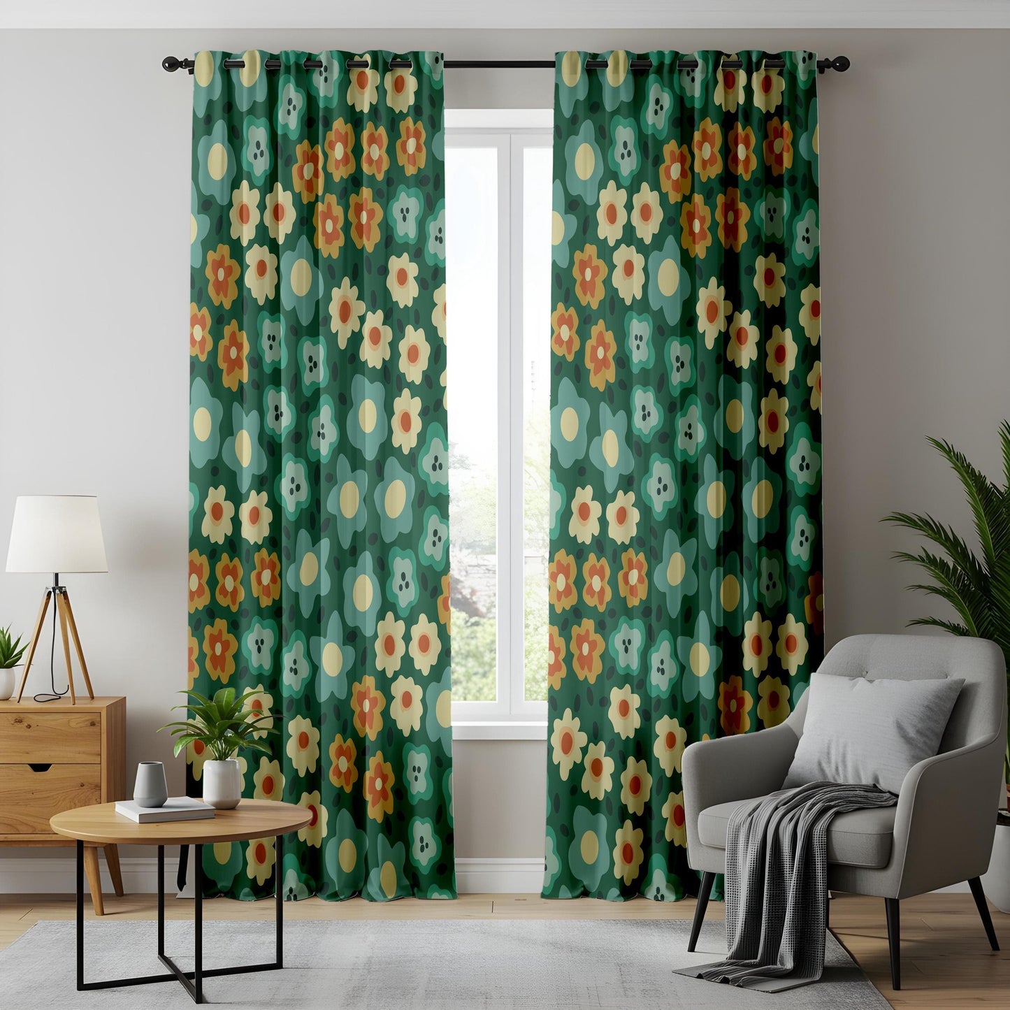 Onay 70s Floral Curtains – Retro Green & Orange Cottagecore Draps