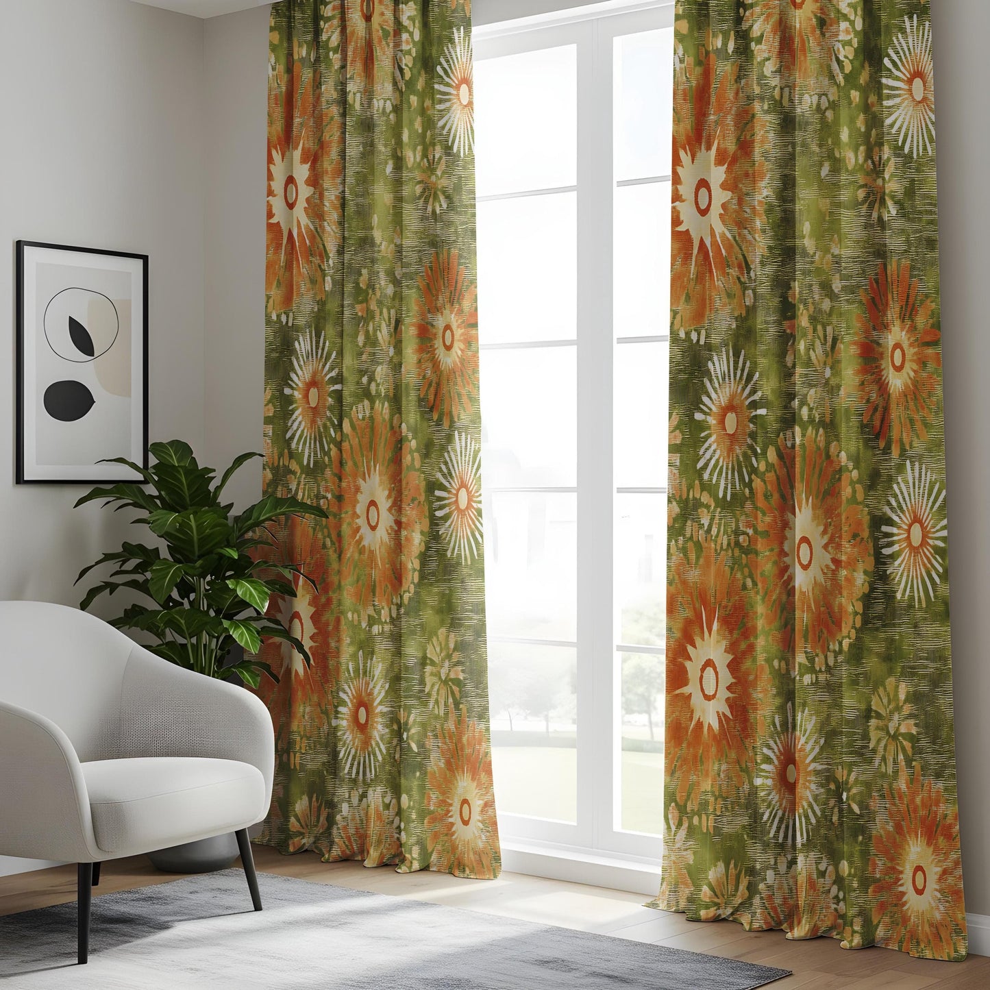 Onay 70s Retro Floral Curtains – Vintage Green & Orange Drapes
