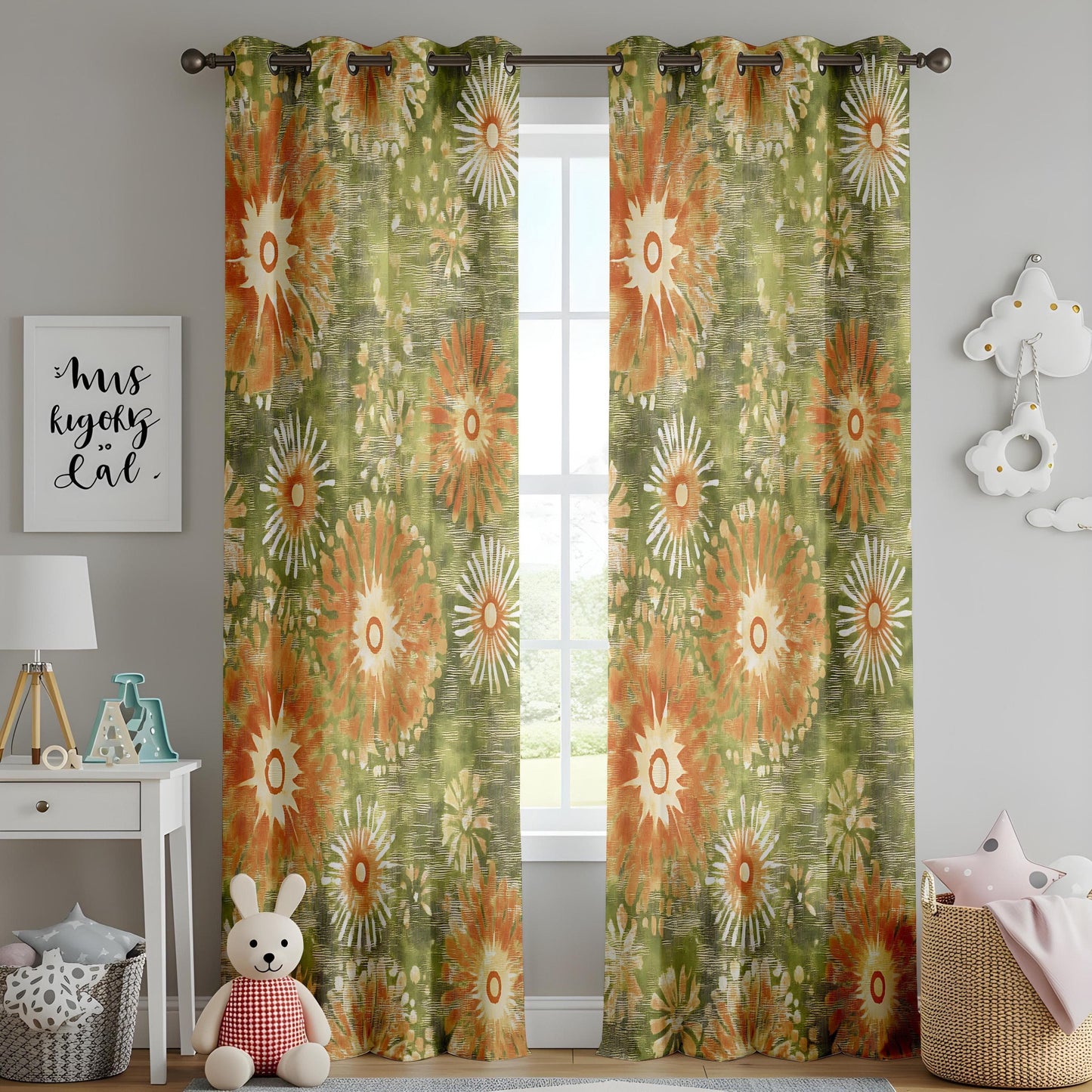 Onay 70s Retro Floral Curtains – Vintage Green & Orange Drapes