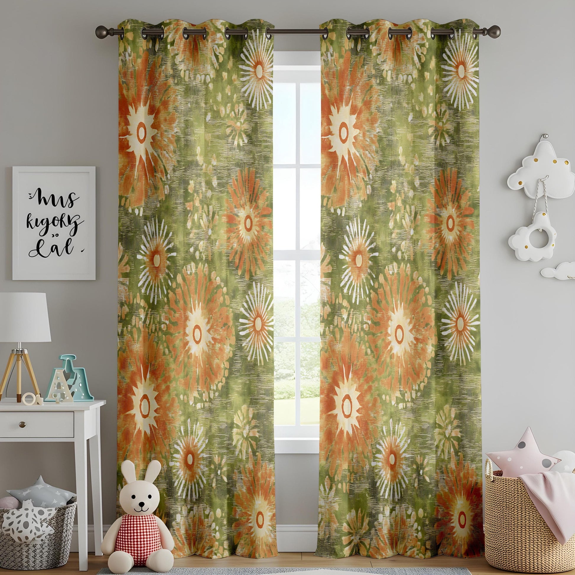Onay 70s Retro Floral Curtains – Vintage Green & Orange Drapes