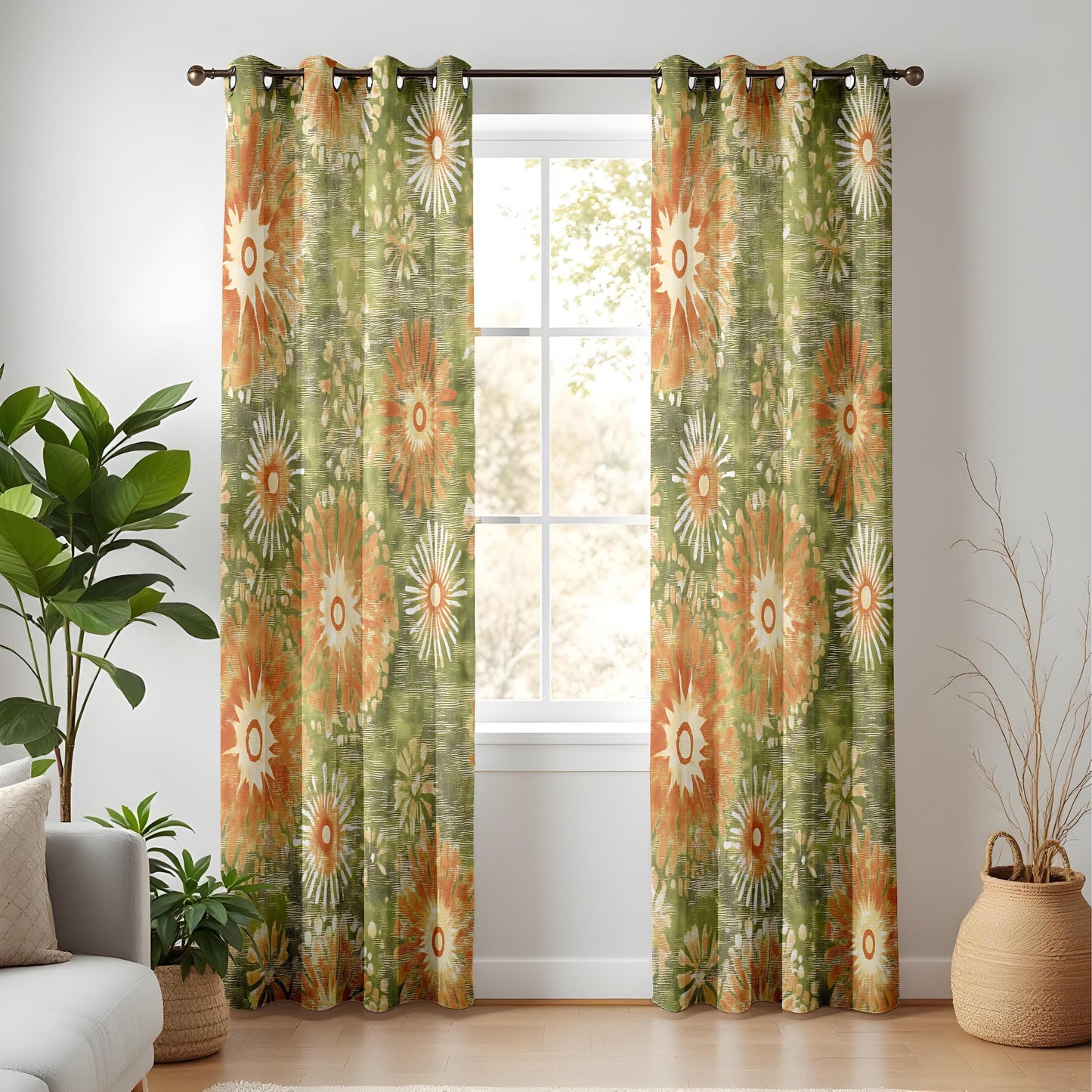 Onay 70s Retro Floral Curtains – Vintage Green & Orange Drapes