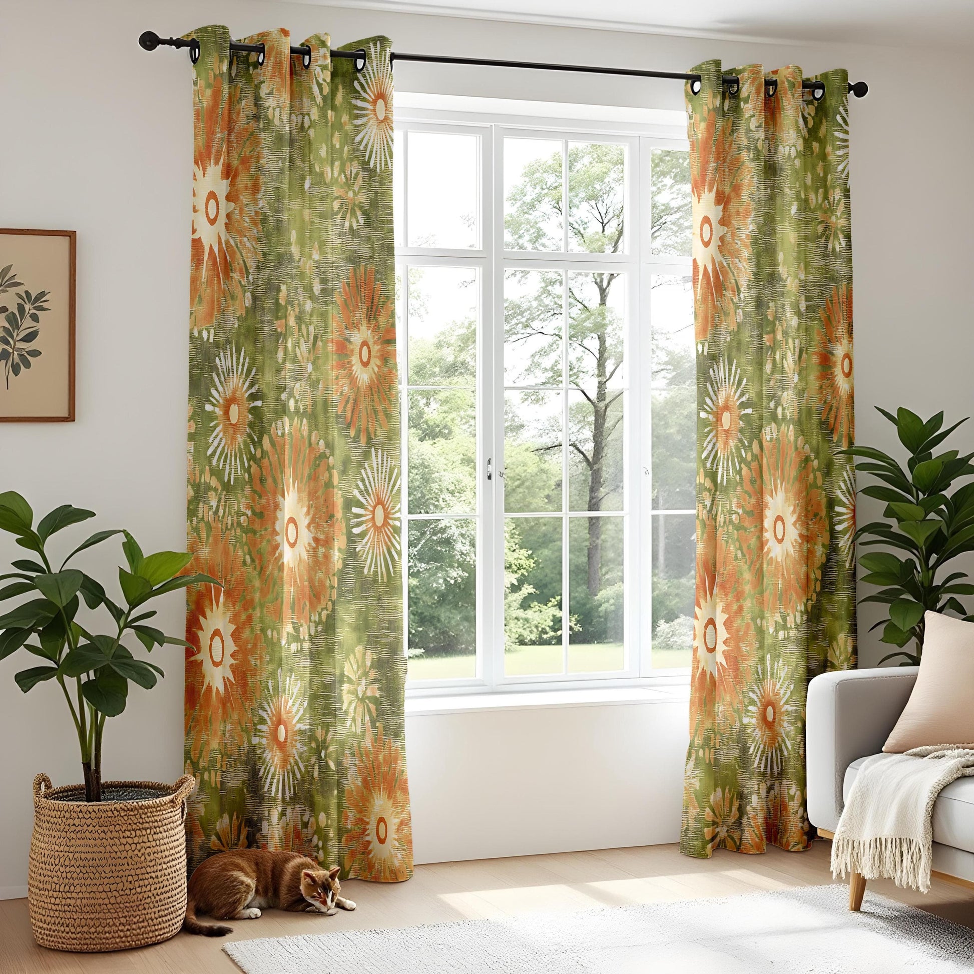Onay 70s Retro Floral Curtains – Vintage Green & Orange Drapes