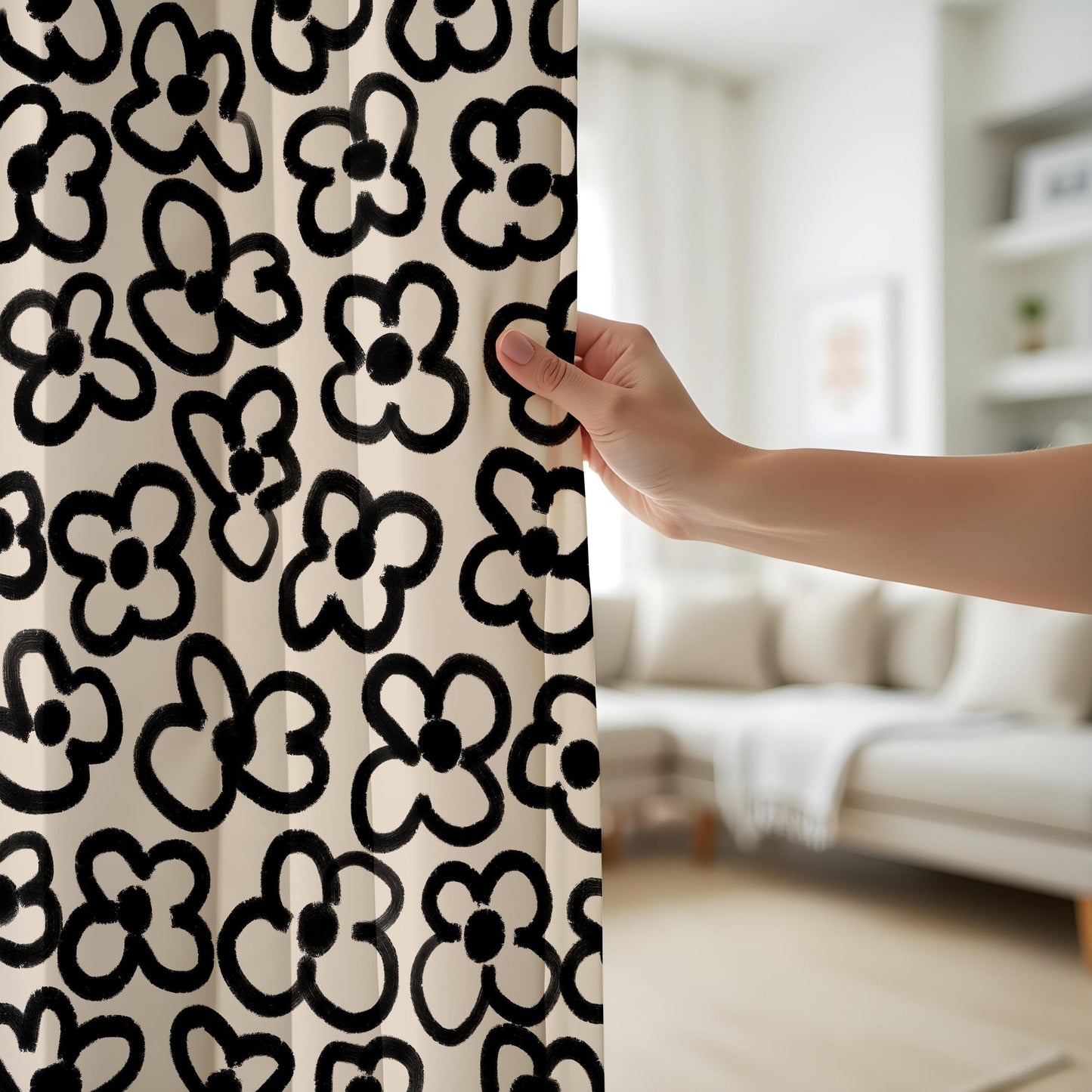 Onay Abstract Black Floral Curtains – Hand-Painted Style Drapes