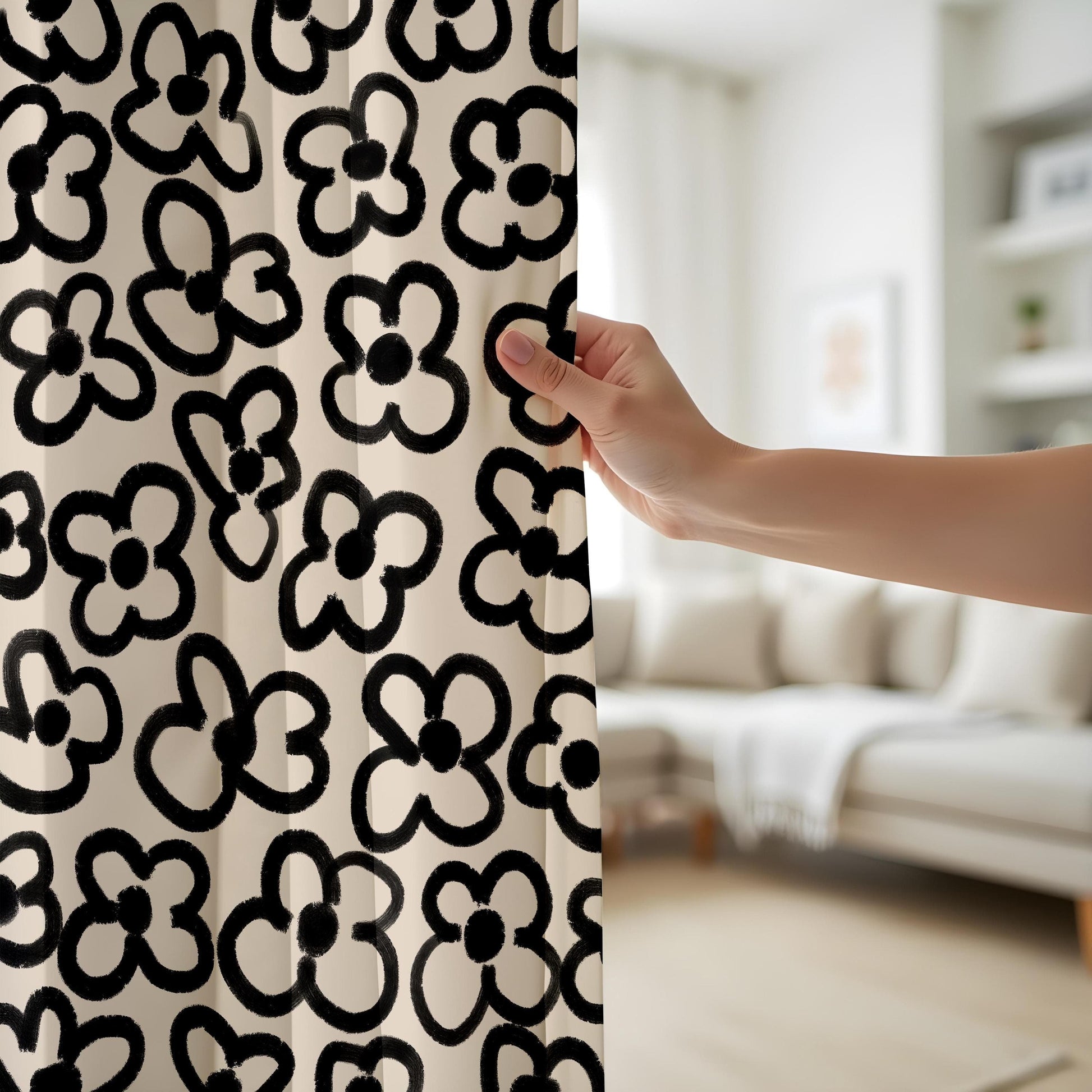 Onay Abstract Black Floral Curtains – Hand-Painted Style Drapes