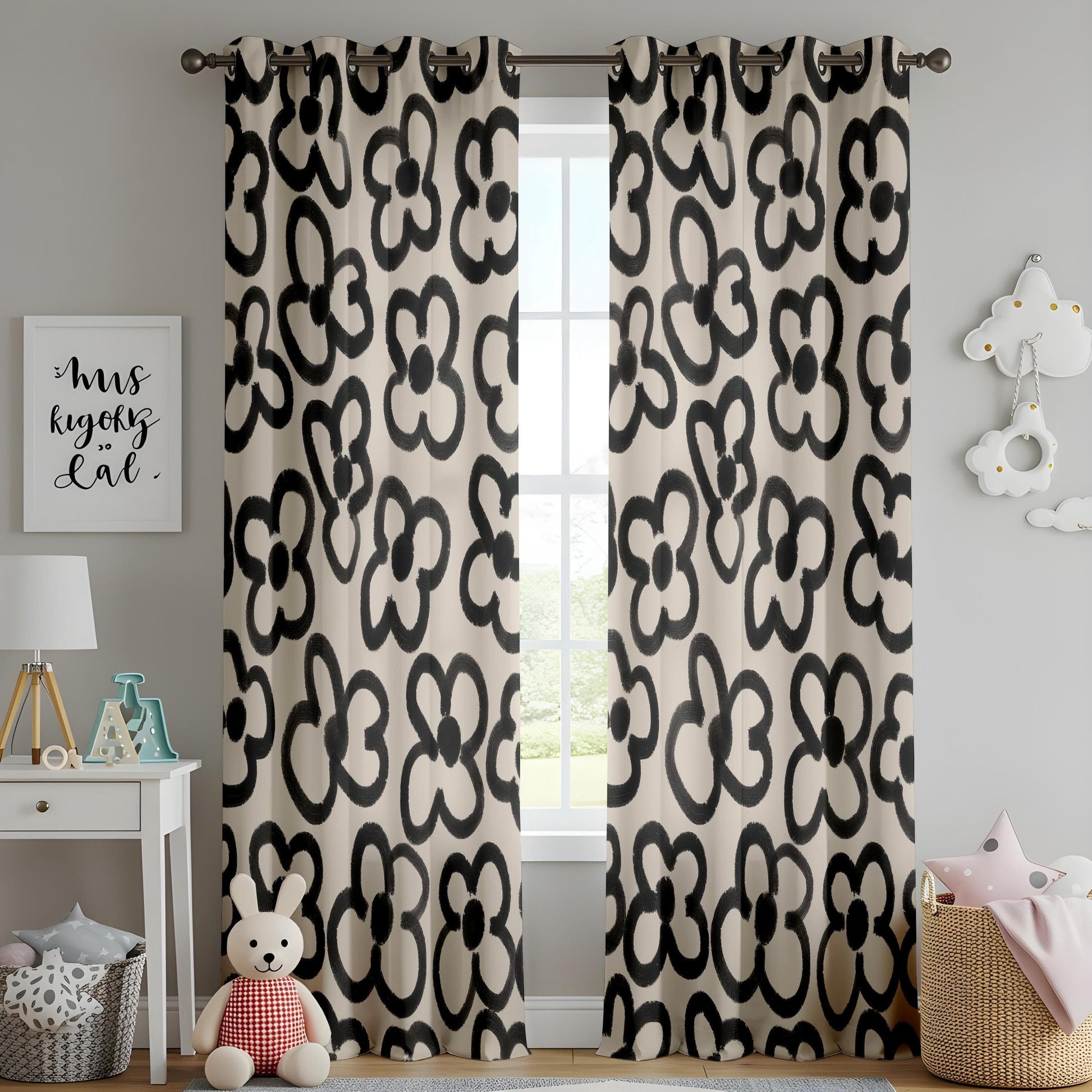 Onay Abstract Black Floral Curtains – Hand-Painted Style Drapes