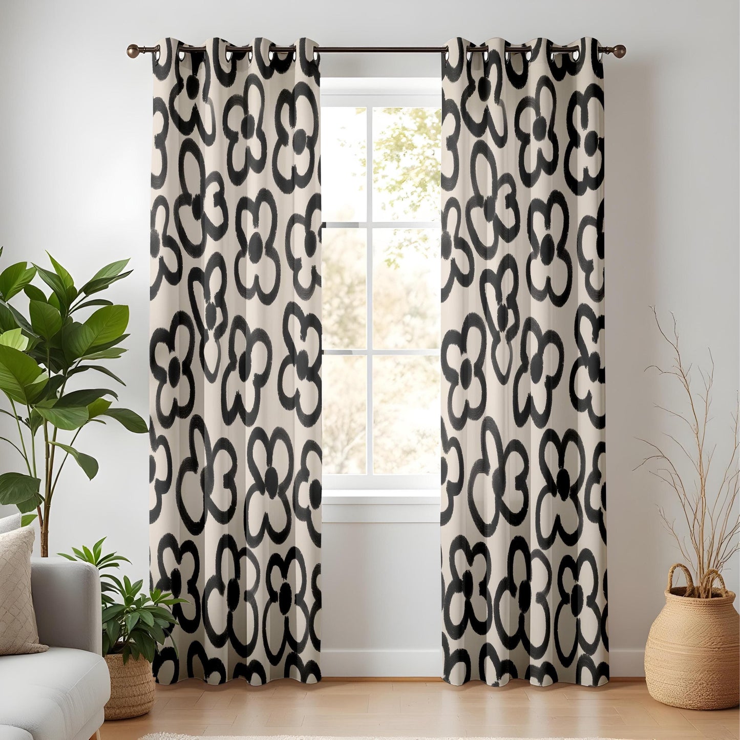 Onay Abstract Black Floral Curtains – Hand-Painted Style Drapes