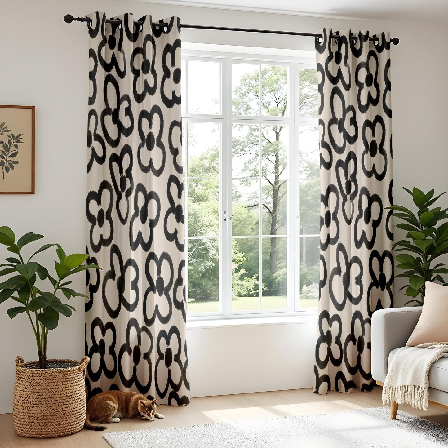Onay Abstract Black Floral Curtains – Hand-Painted Style Drapes