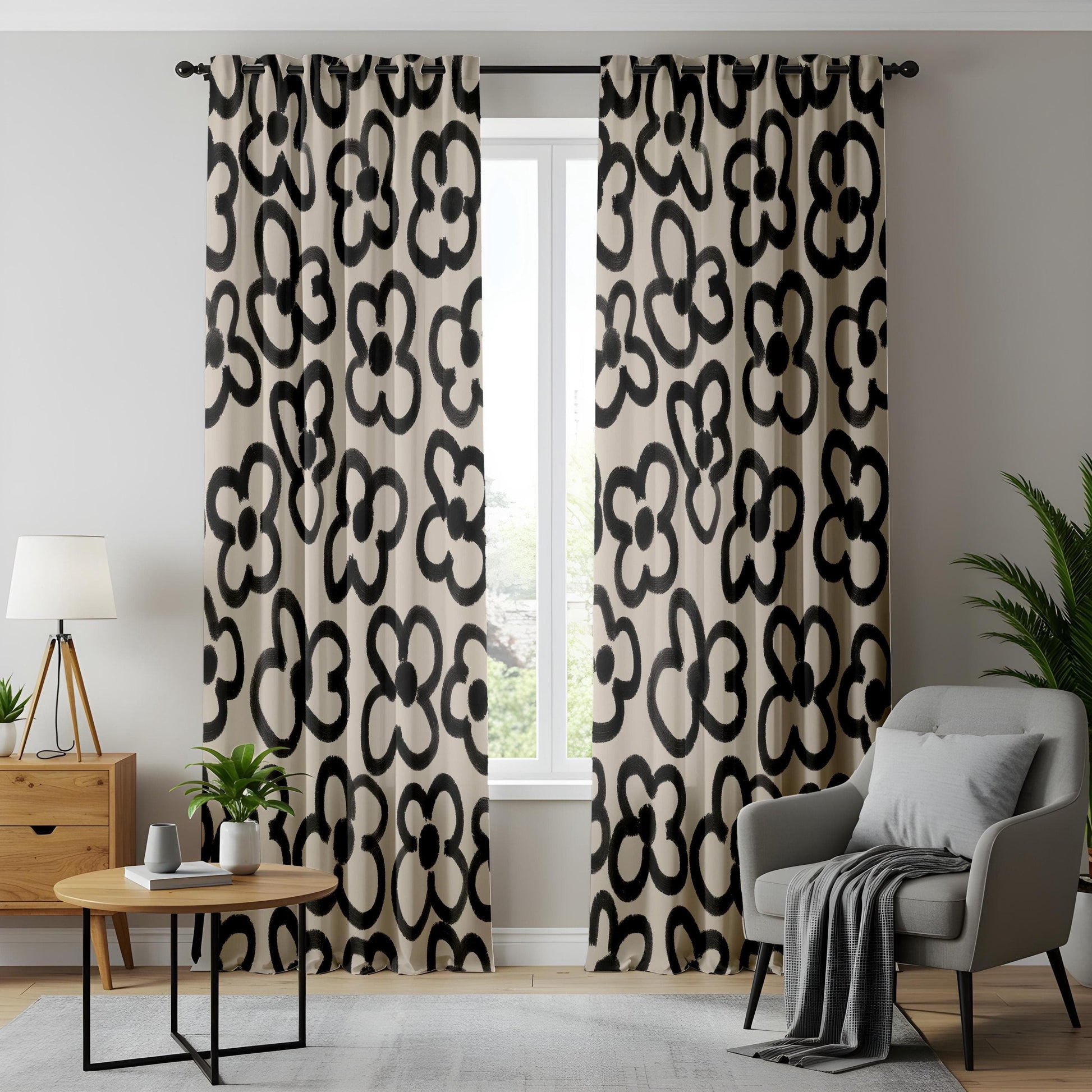 Onay Abstract Black Floral Curtains – Hand-Painted Style Drapes