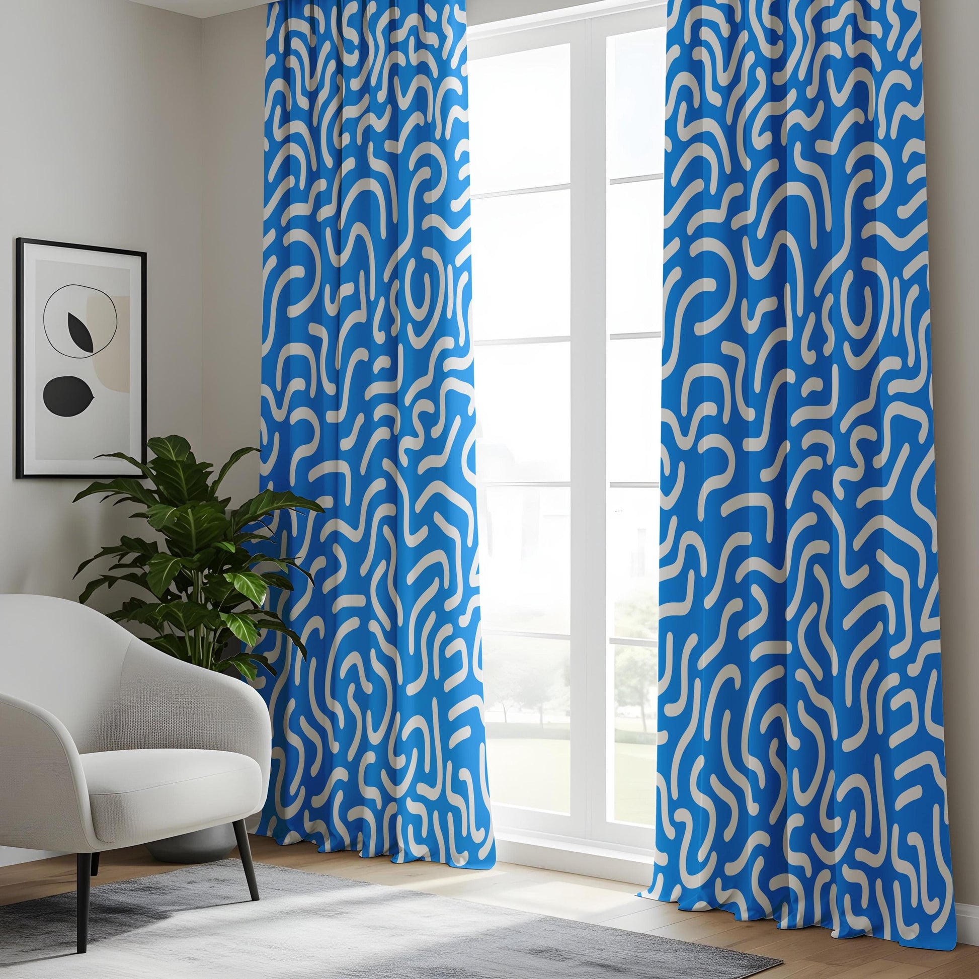 Onay Abstract Blue Curtains for Living Room, Funky Wavy Pattern Curtains