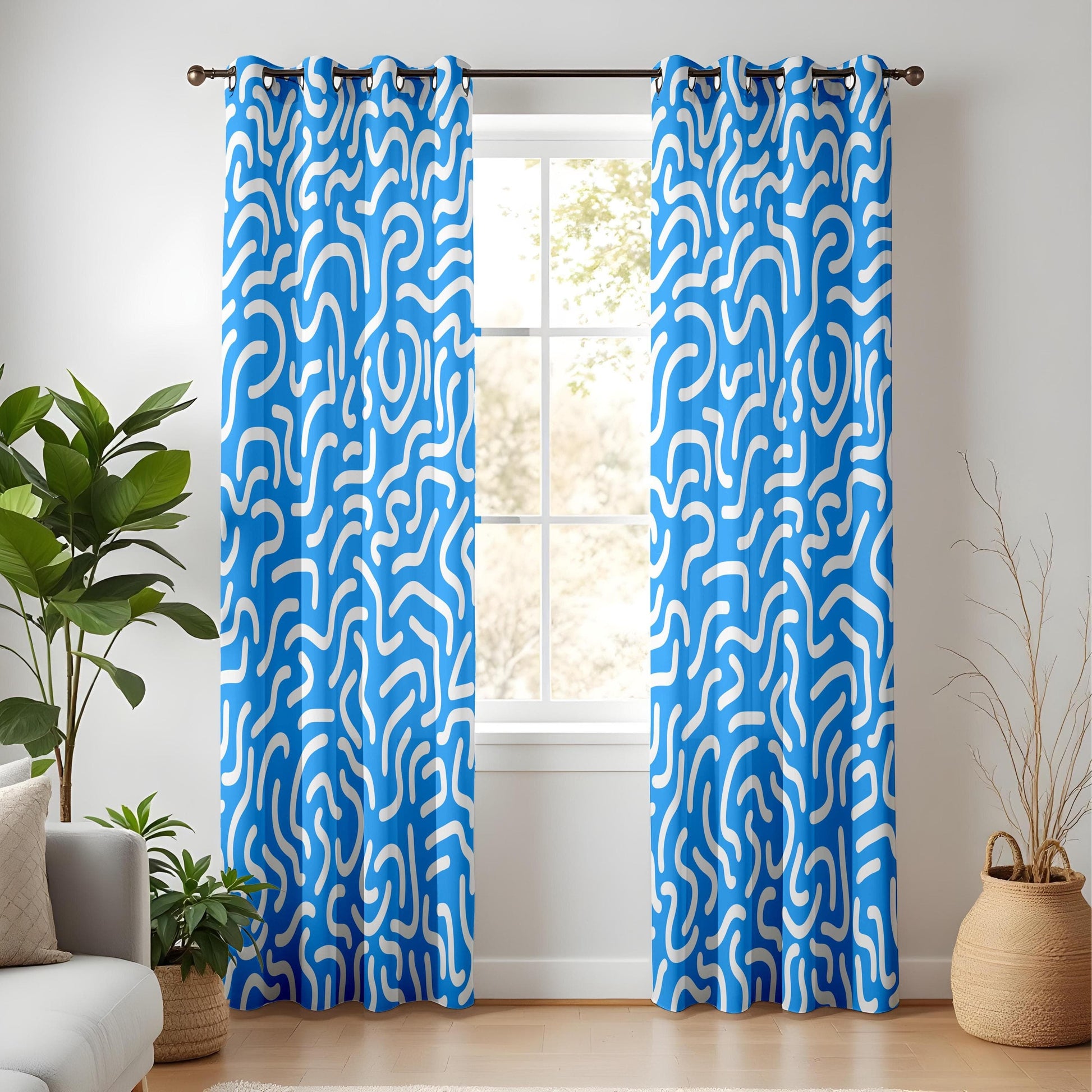 Onay Abstract Blue Curtains for Living Room, Funky Wavy Pattern Curtains