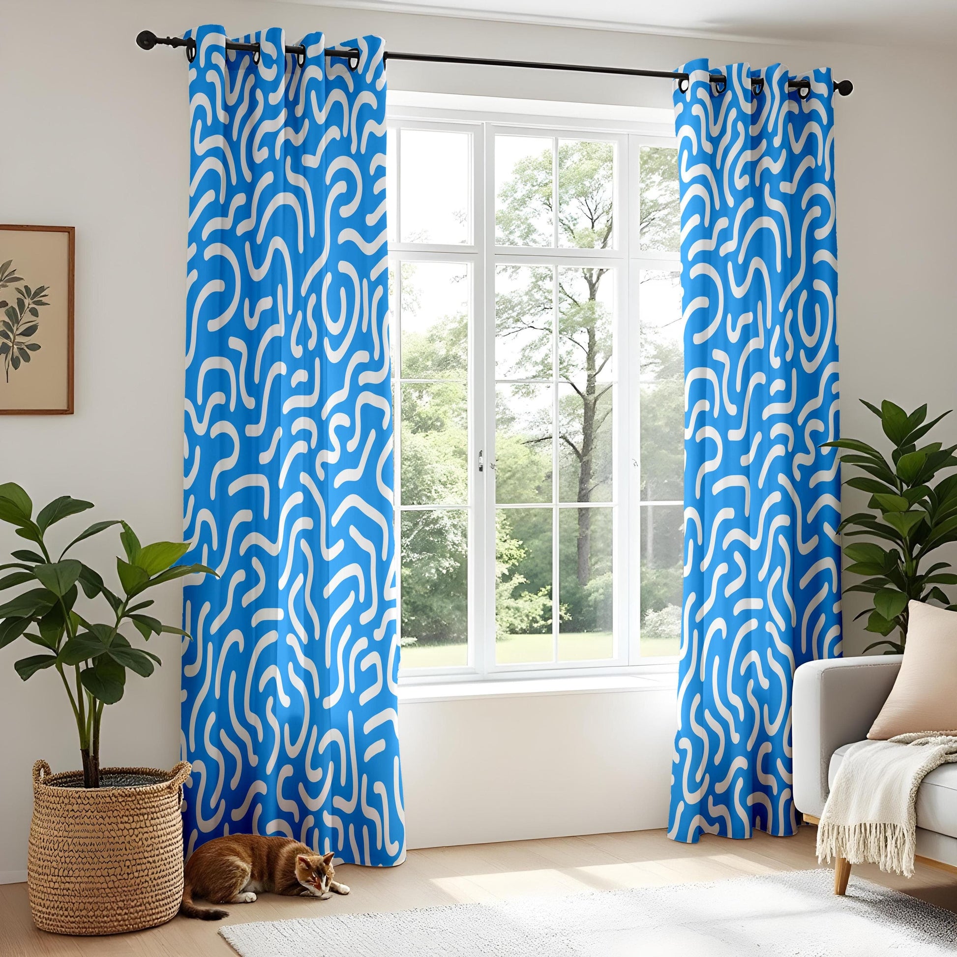 Onay Abstract Blue Curtains for Living Room, Funky Wavy Pattern Curtains