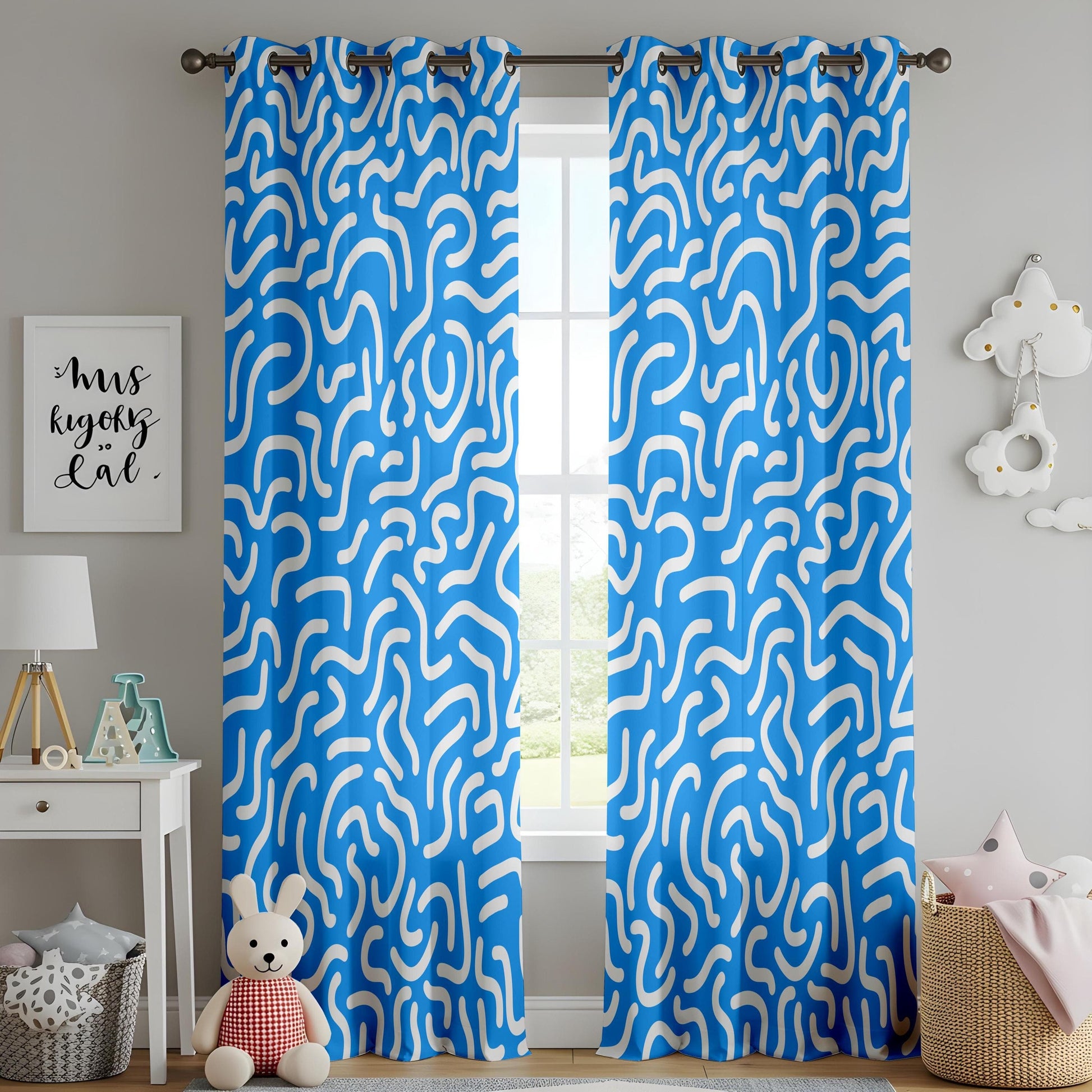 Onay Abstract Blue Curtains for Living Room, Funky Wavy Pattern Curtains