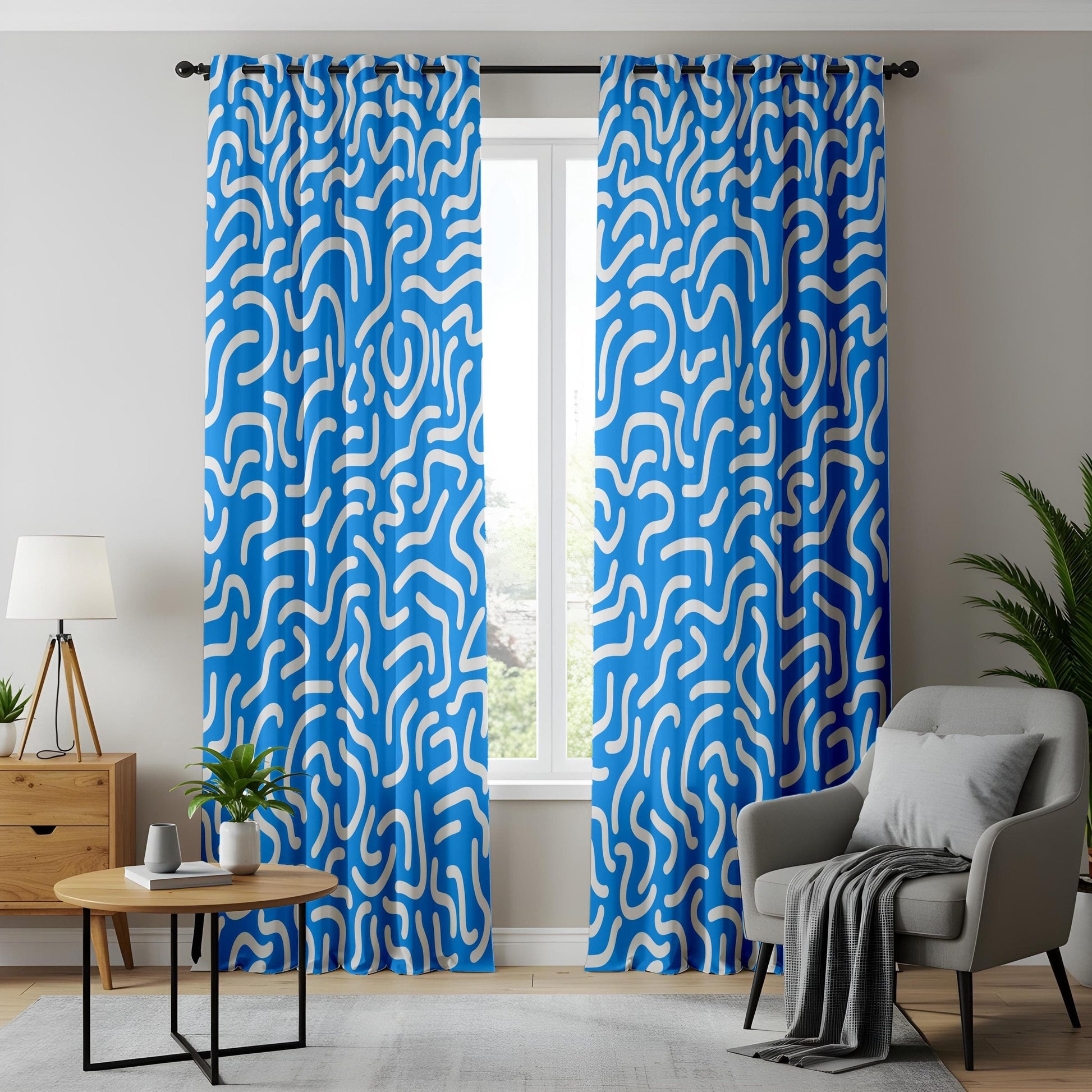 Onay Abstract Blue Curtains for Living Room, Funky Wavy Pattern Curtains