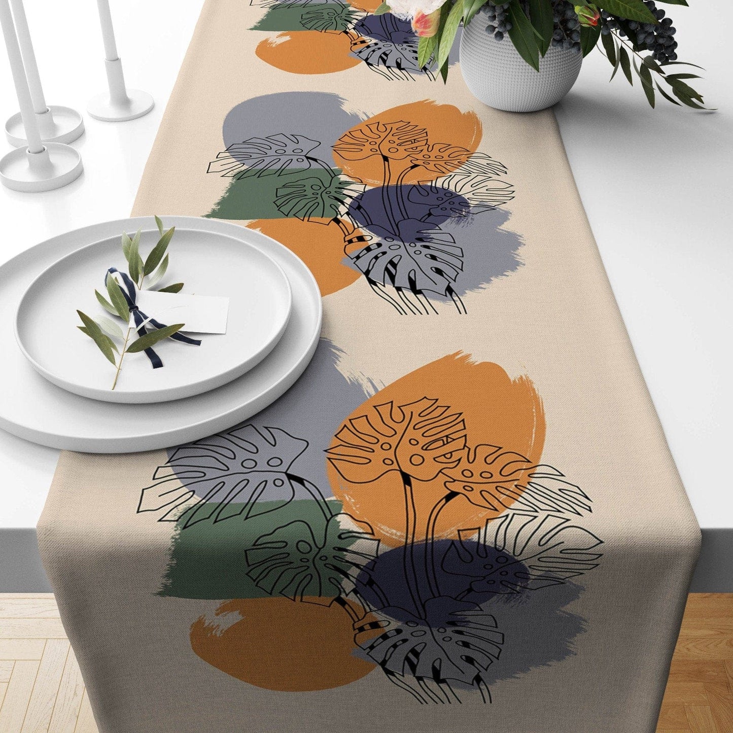 Onay Home Textile table runner 4 / 12 x 46 inch (30 x 120 cm) Abstract Boho Flowers Table Runner Bloomy Spring Tablecloths