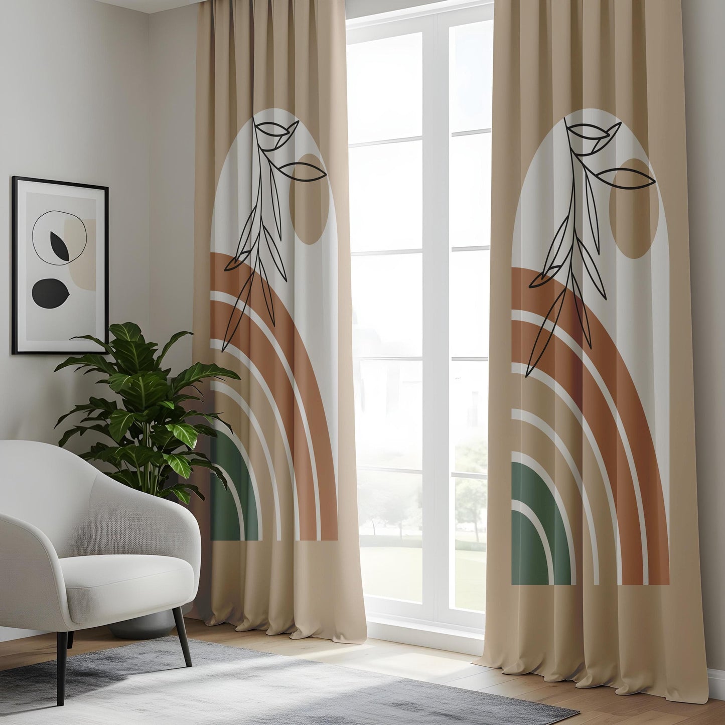 Onay Abstract Boho Plant Curtains – Terracotta and Green Rainbow Drapes for Neutral Nature-Inspired Interiors