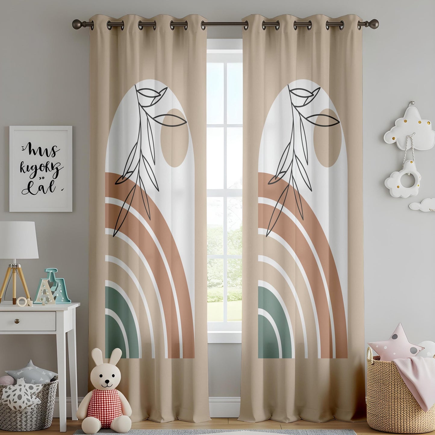Onay Abstract Boho Plant Curtains – Terracotta and Green Rainbow Drapes for Neutral Nature-Inspired Interiors