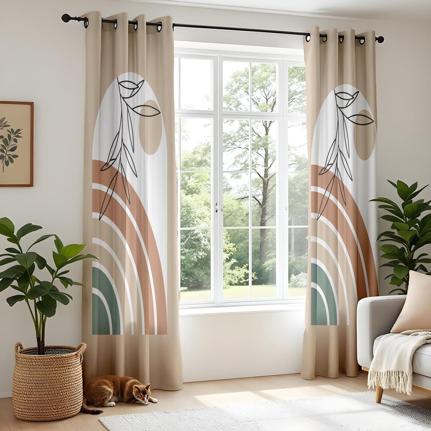 Onay Abstract Boho Plant Curtains – Terracotta and Green Rainbow Drapes for Neutral Nature-Inspired Interiors