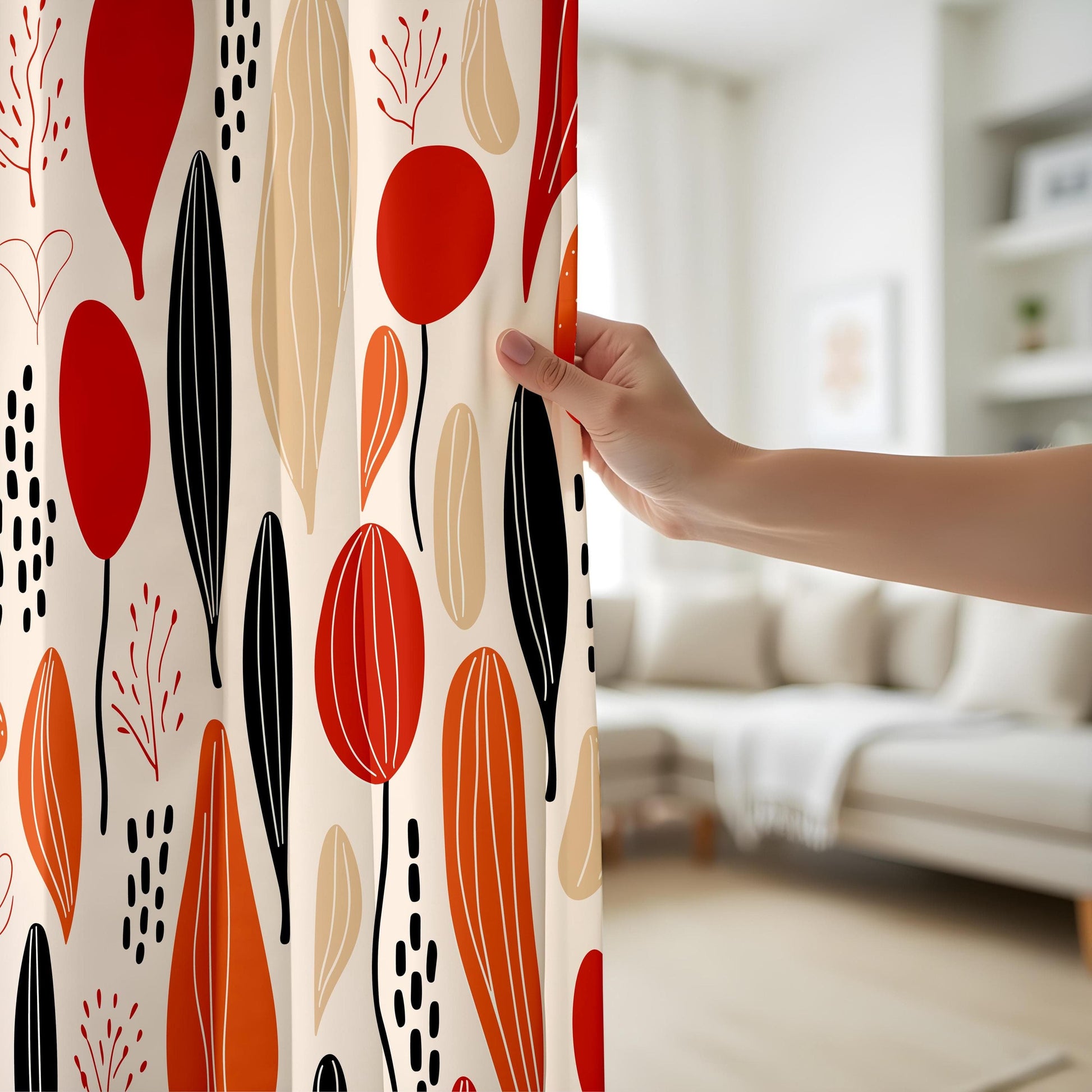 Onay Abstract Botanical Curtains,  Modern Red and Orange Leaf Design