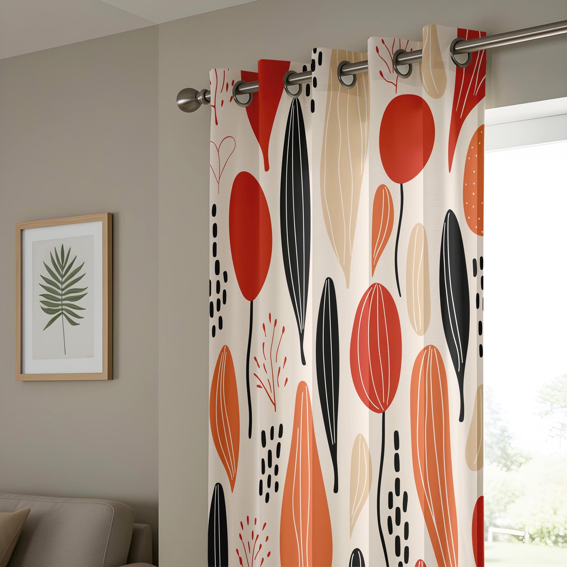 Onay Abstract Botanical Curtains,  Modern Red and Orange Leaf Design