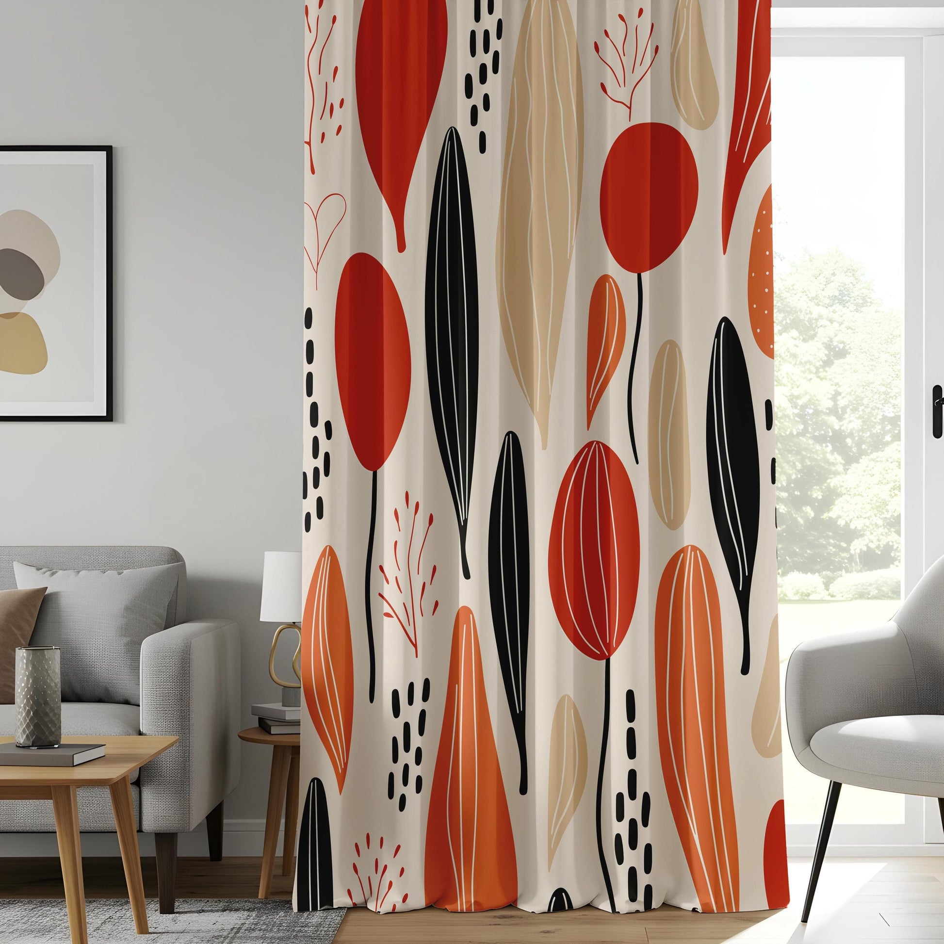 Onay Abstract Botanical Curtains,  Modern Red and Orange Leaf Design