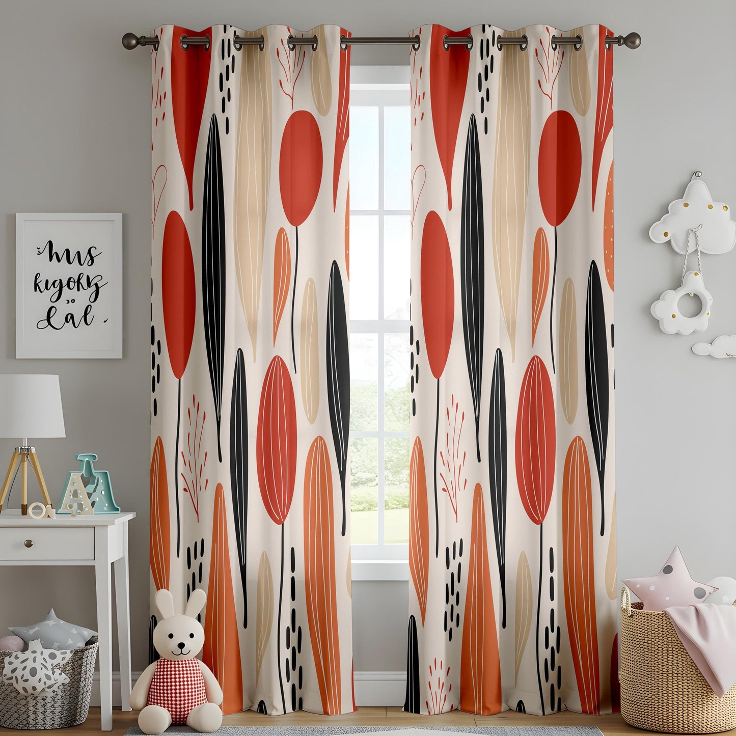 Onay Abstract Botanical Curtains, Modern Red and Orange Leaf Design