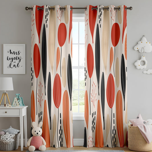Onay Abstract Botanical Curtains, Modern Red and Orange Leaf Design