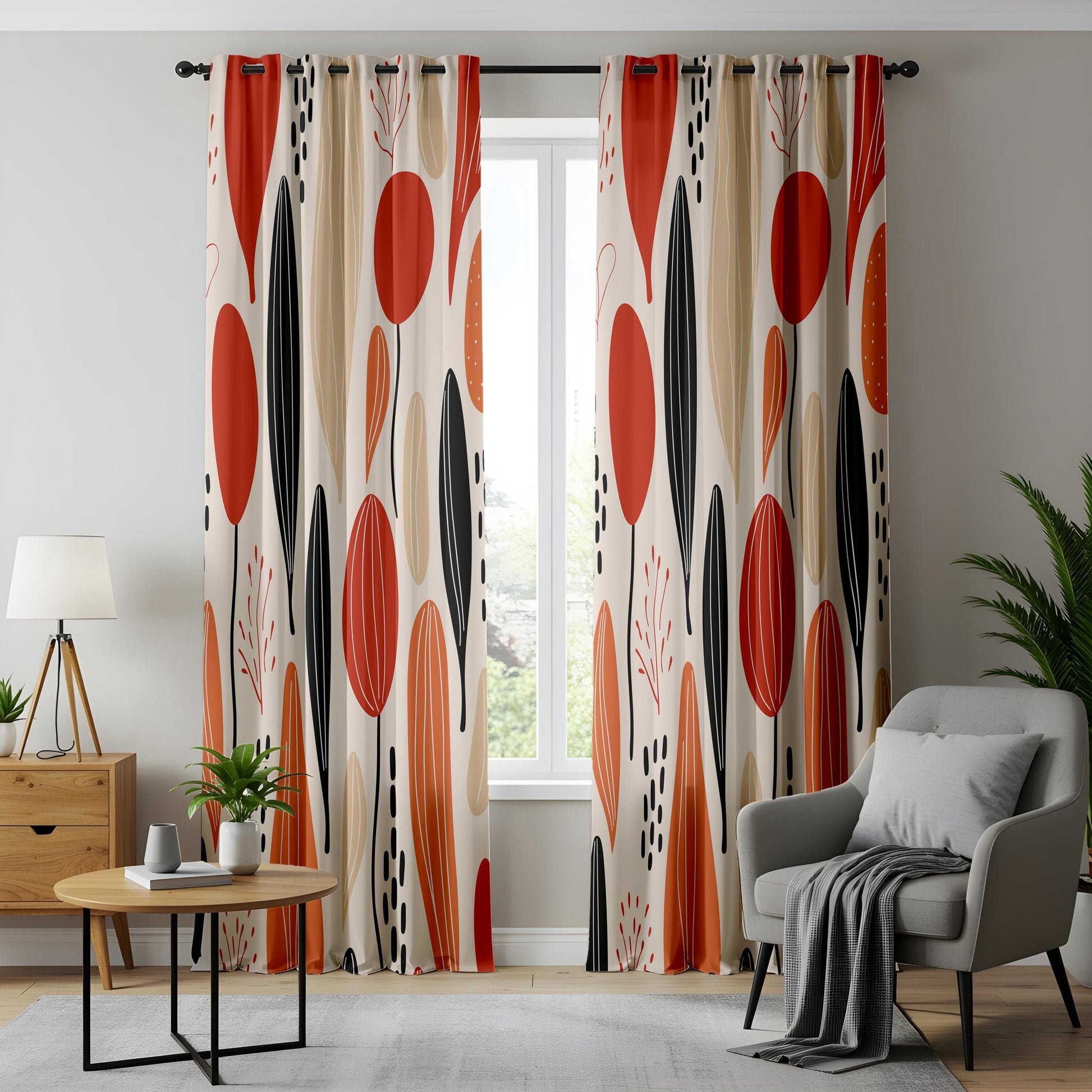 Onay Abstract Botanical Curtains,  Modern Red and Orange Leaf Design