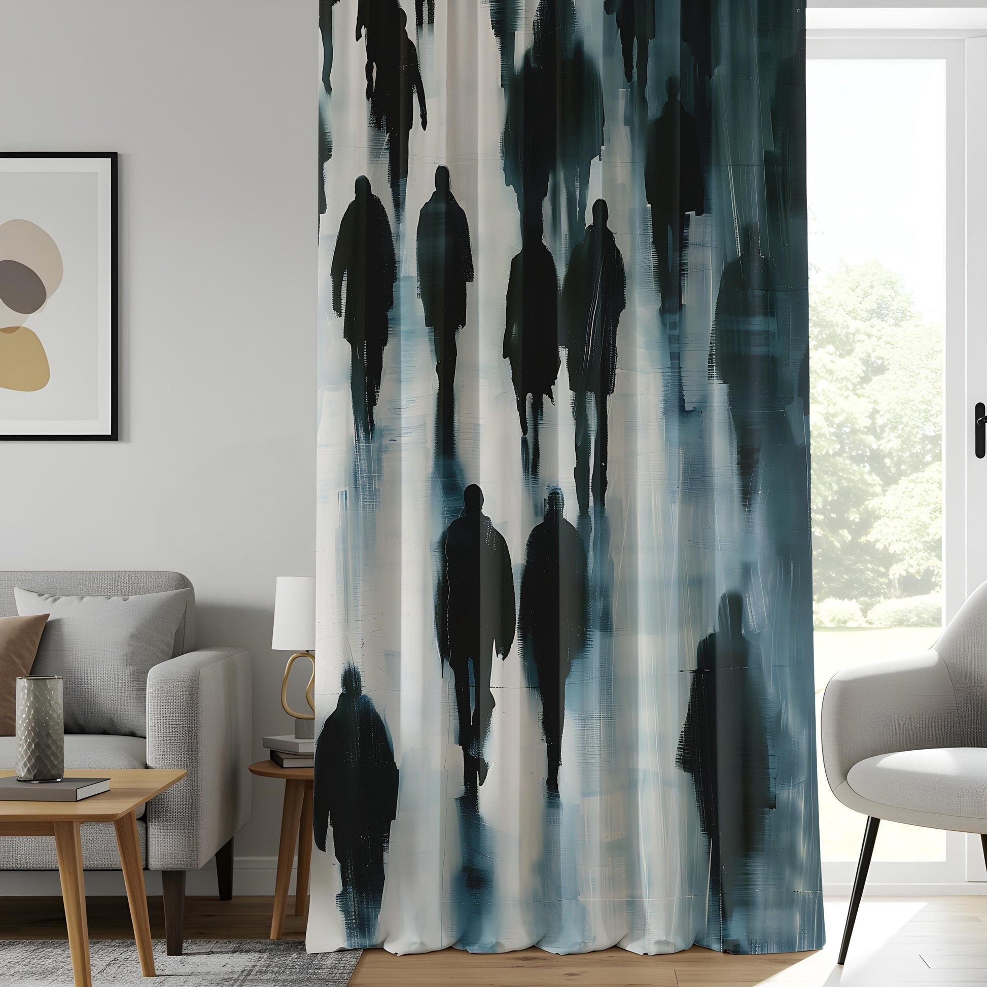 Onay Abstract City Silhouette Living Room Curtains, Moody Watercolor Urban Window Drapes