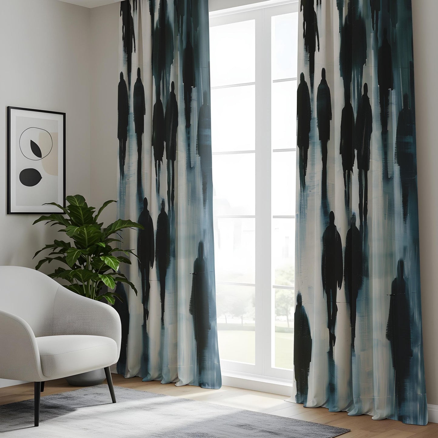 Onay Abstract City Silhouette Living Room Curtains, Moody Watercolor Urban Window Drapes