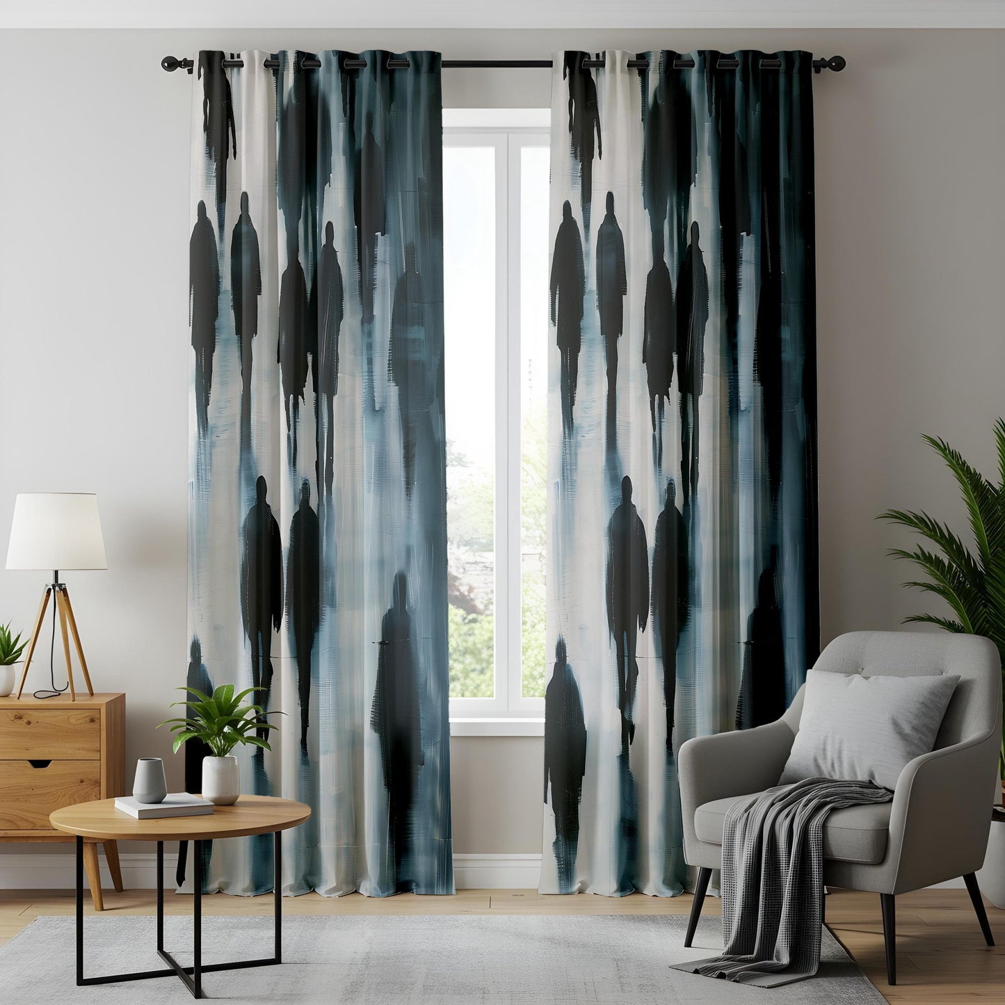 Onay Abstract City Silhouette Living Room Curtains, Moody Watercolor Urban Window Drapes