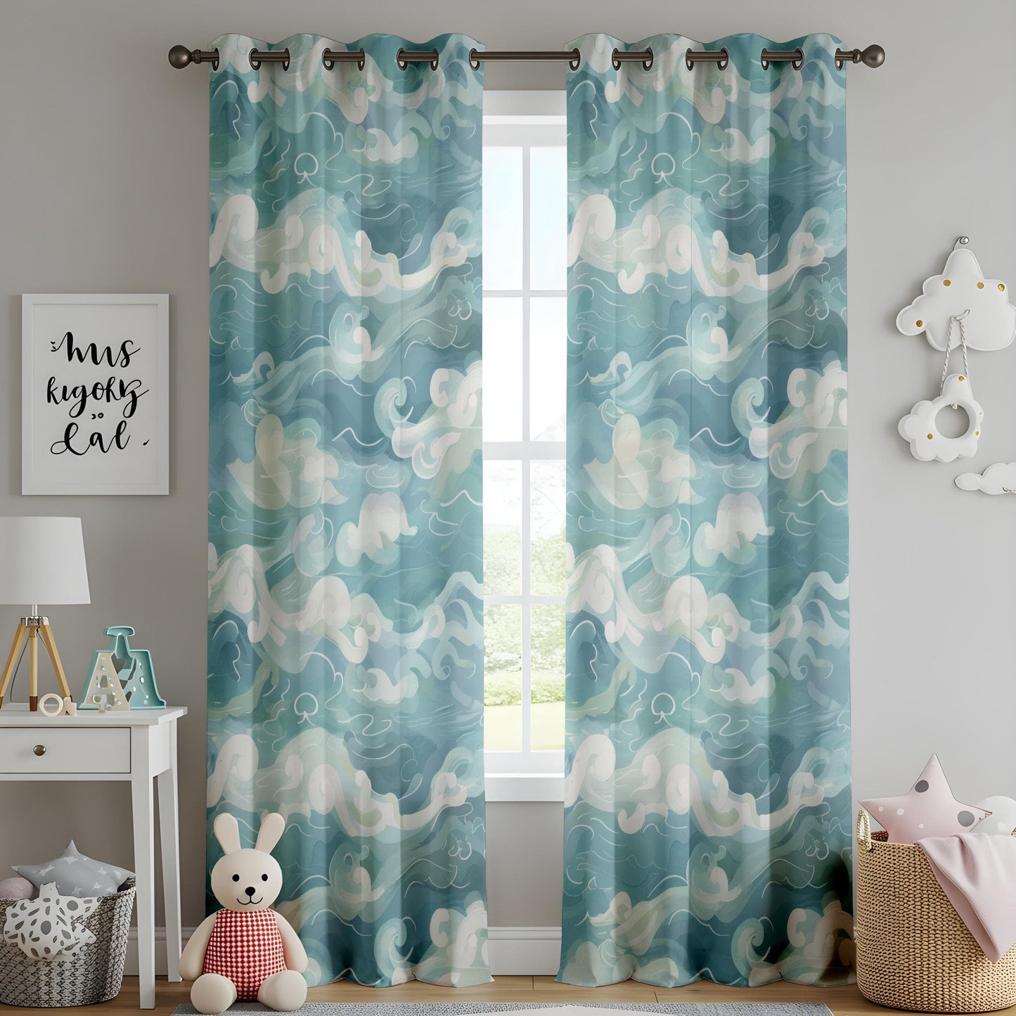 Onay Abstract Cloud and Sky Curtains, Tranquil Blue and White Pattern