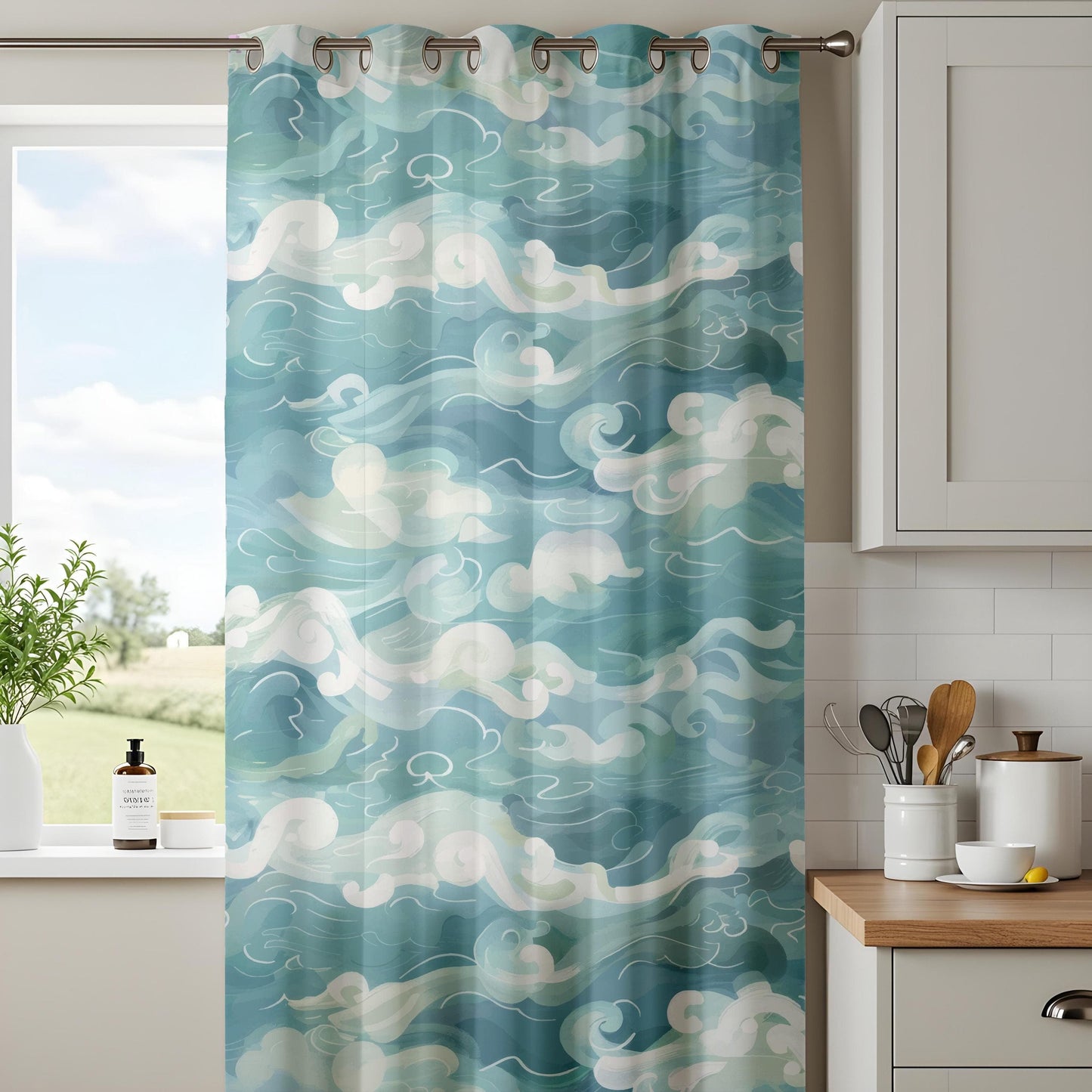 Onay Abstract Cloud and Sky Curtains, Tranquil Blue and White Pattern