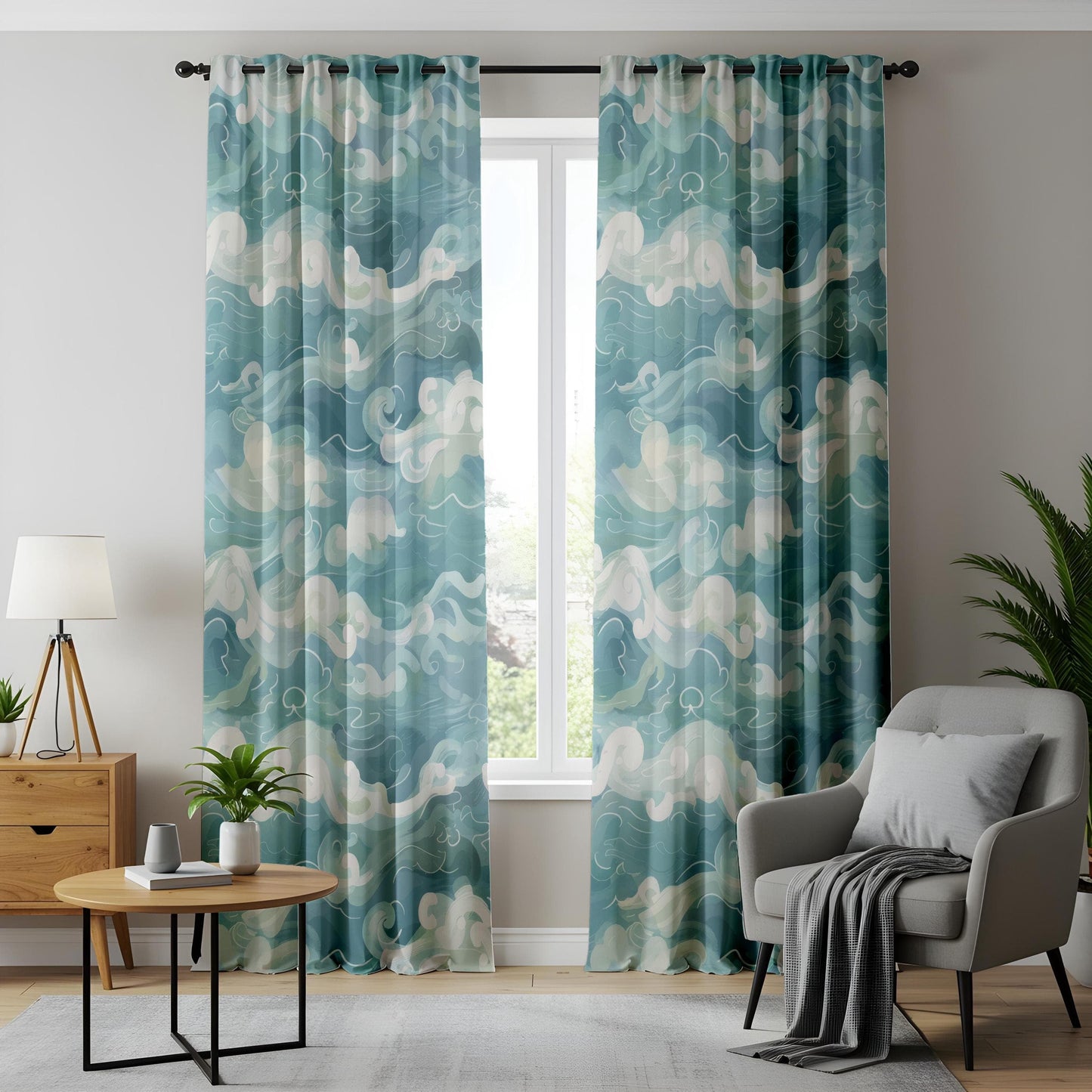 Onay Abstract Cloud and Sky Curtains, Tranquil Blue and White Pattern