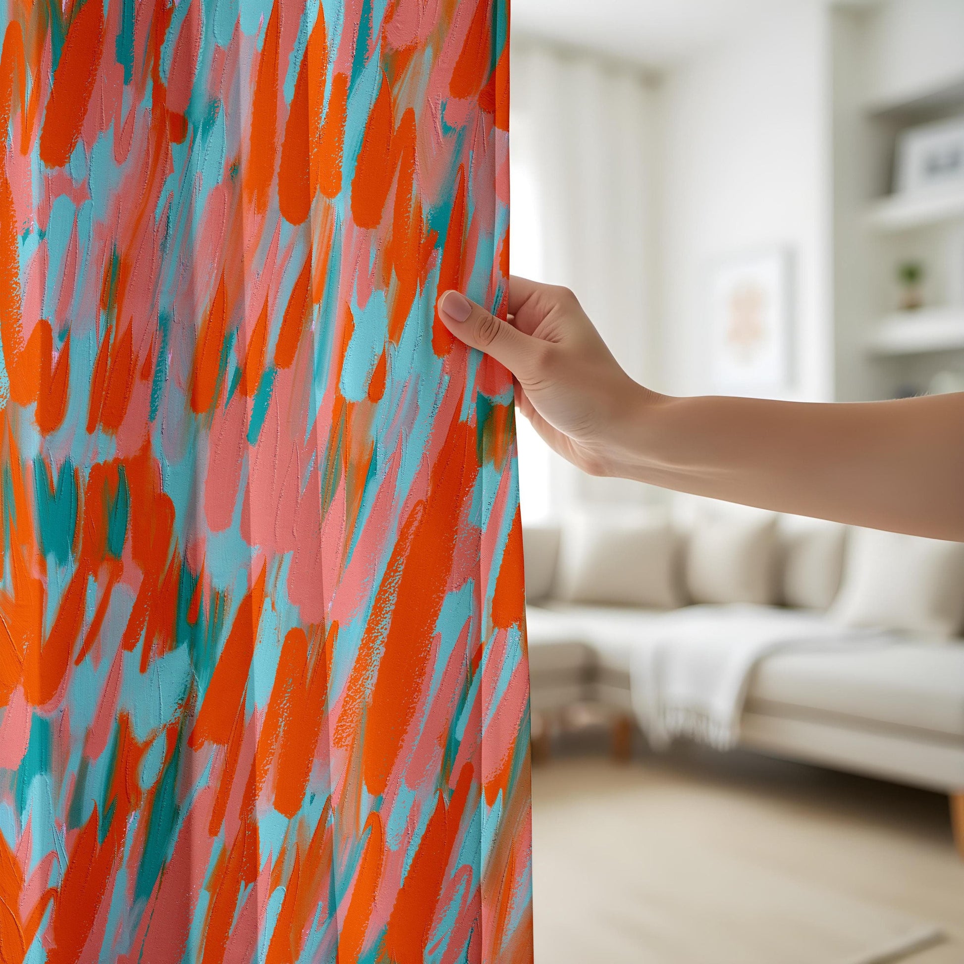 Onay Abstract Expressionist Window Curtains, Colorful Brushstroke Drapes