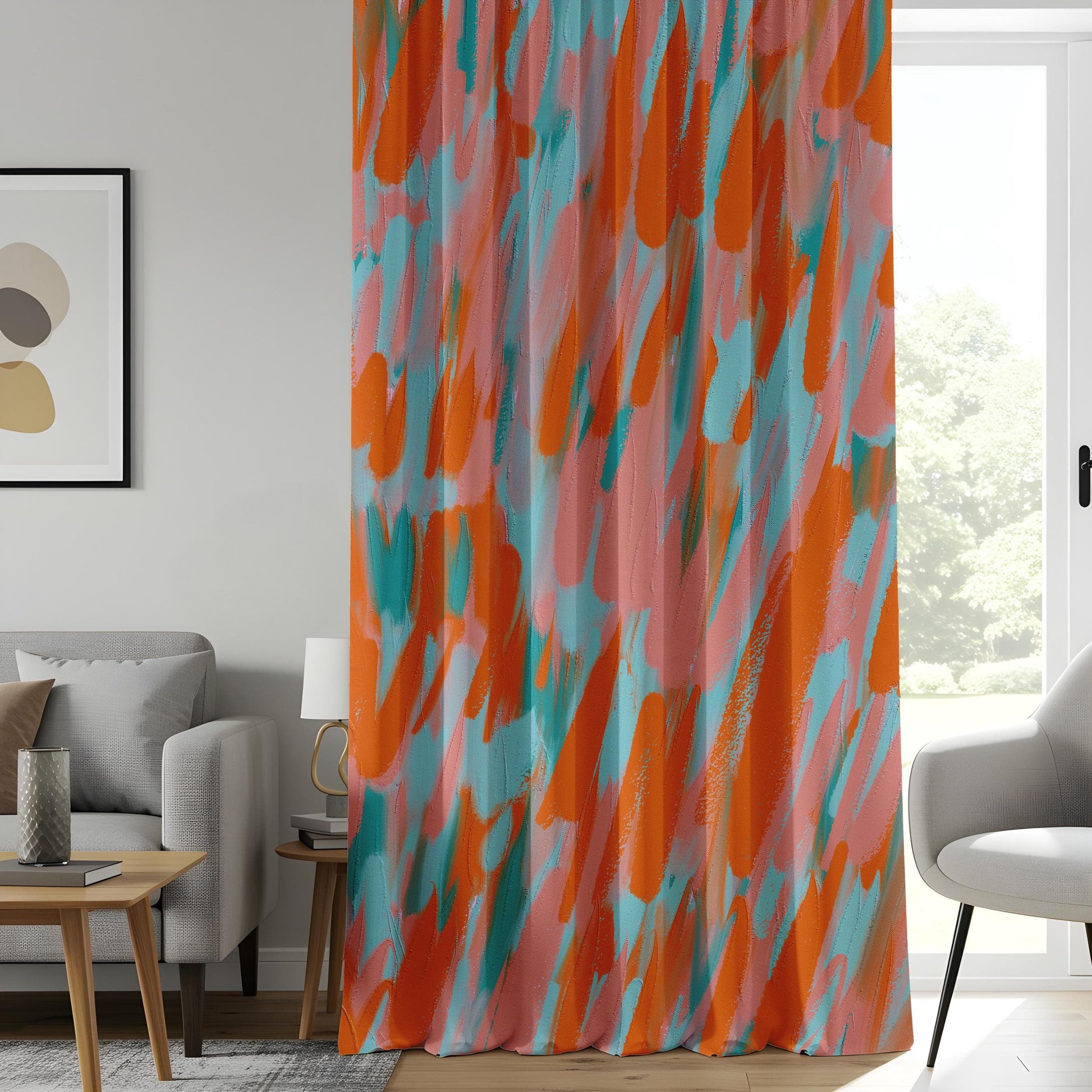Onay Abstract Expressionist Window Curtains, Colorful Brushstroke Drapes