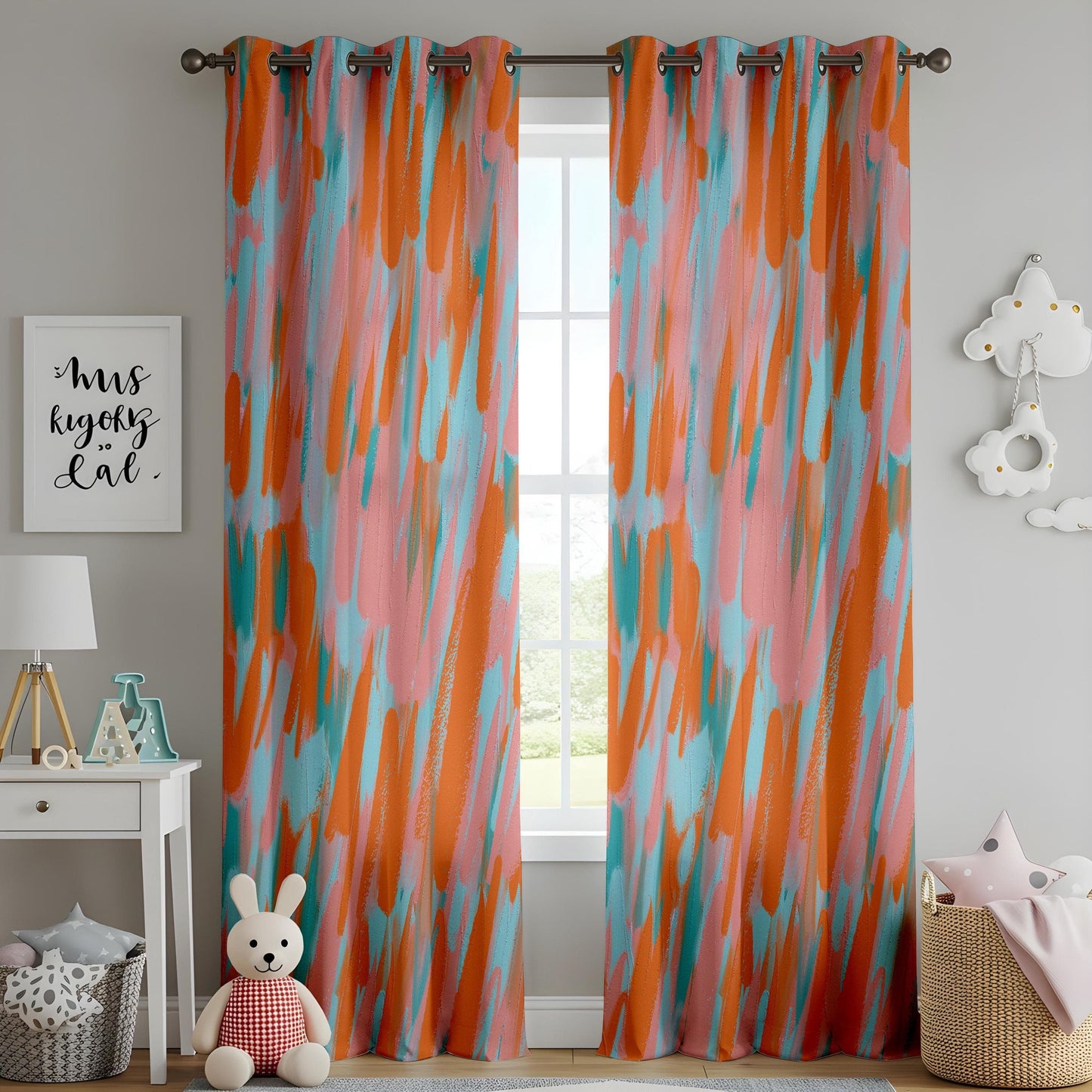 Onay Abstract Expressionist Window Curtains, Colorful Brushstroke Drapes