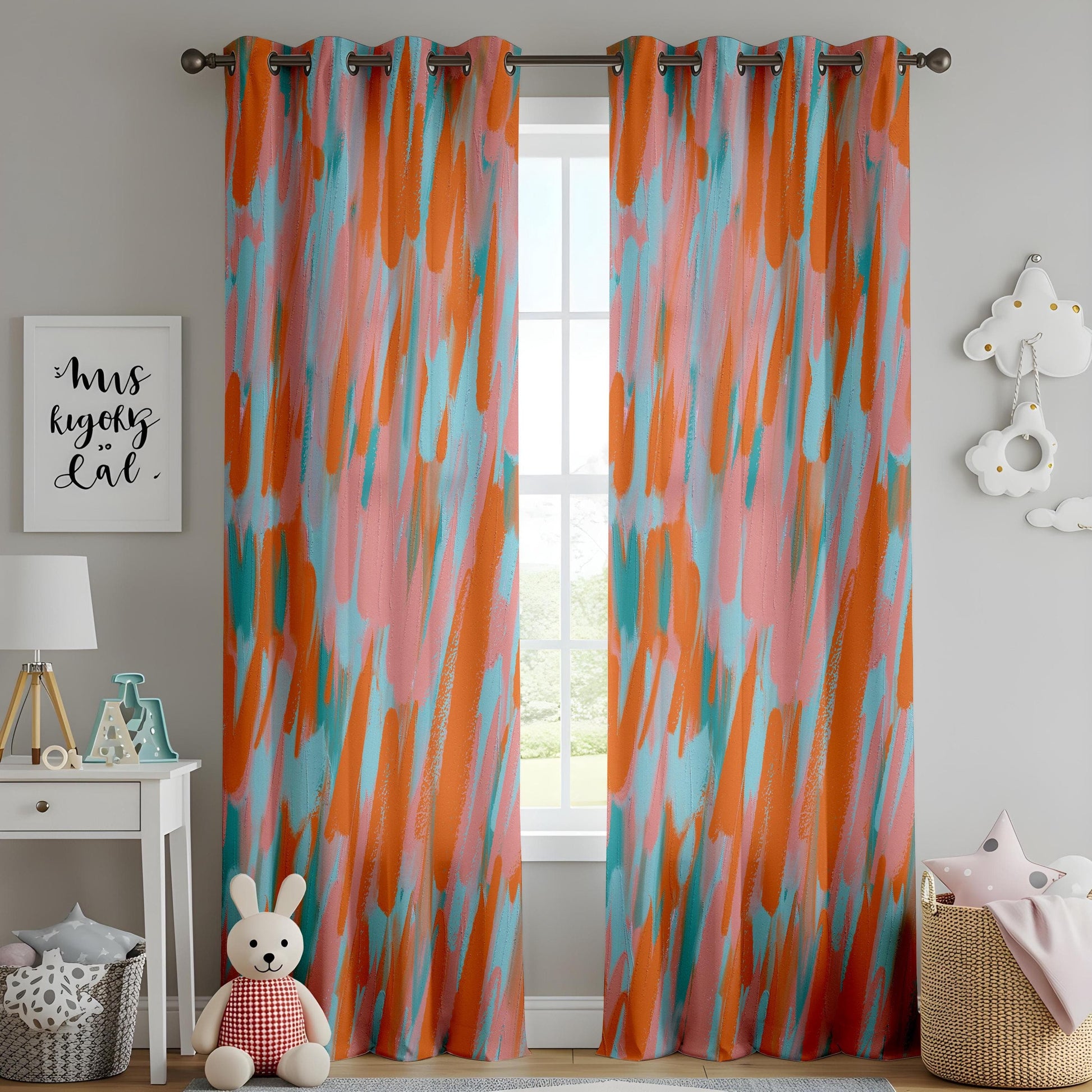 Onay Abstract Expressionist Window Curtains, Colorful Brushstroke Drapes