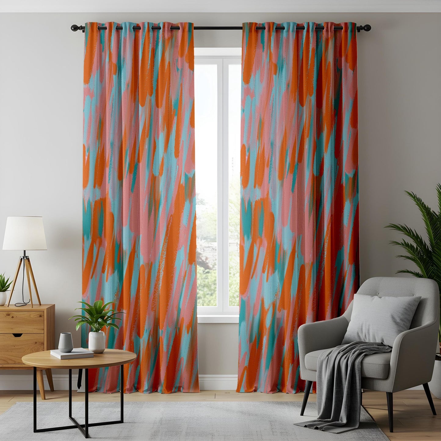 Onay Abstract Expressionist Window Curtains, Colorful Brushstroke Drapes