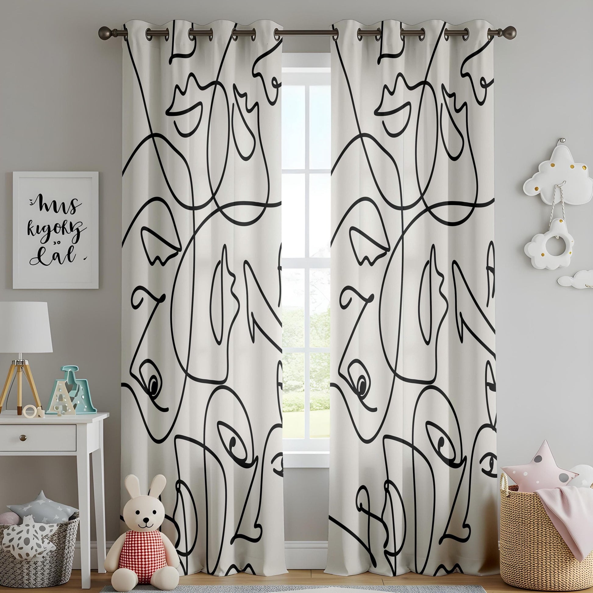 Onay Abstract Face Line Art Curtains – Minimalist Black and White Drapes