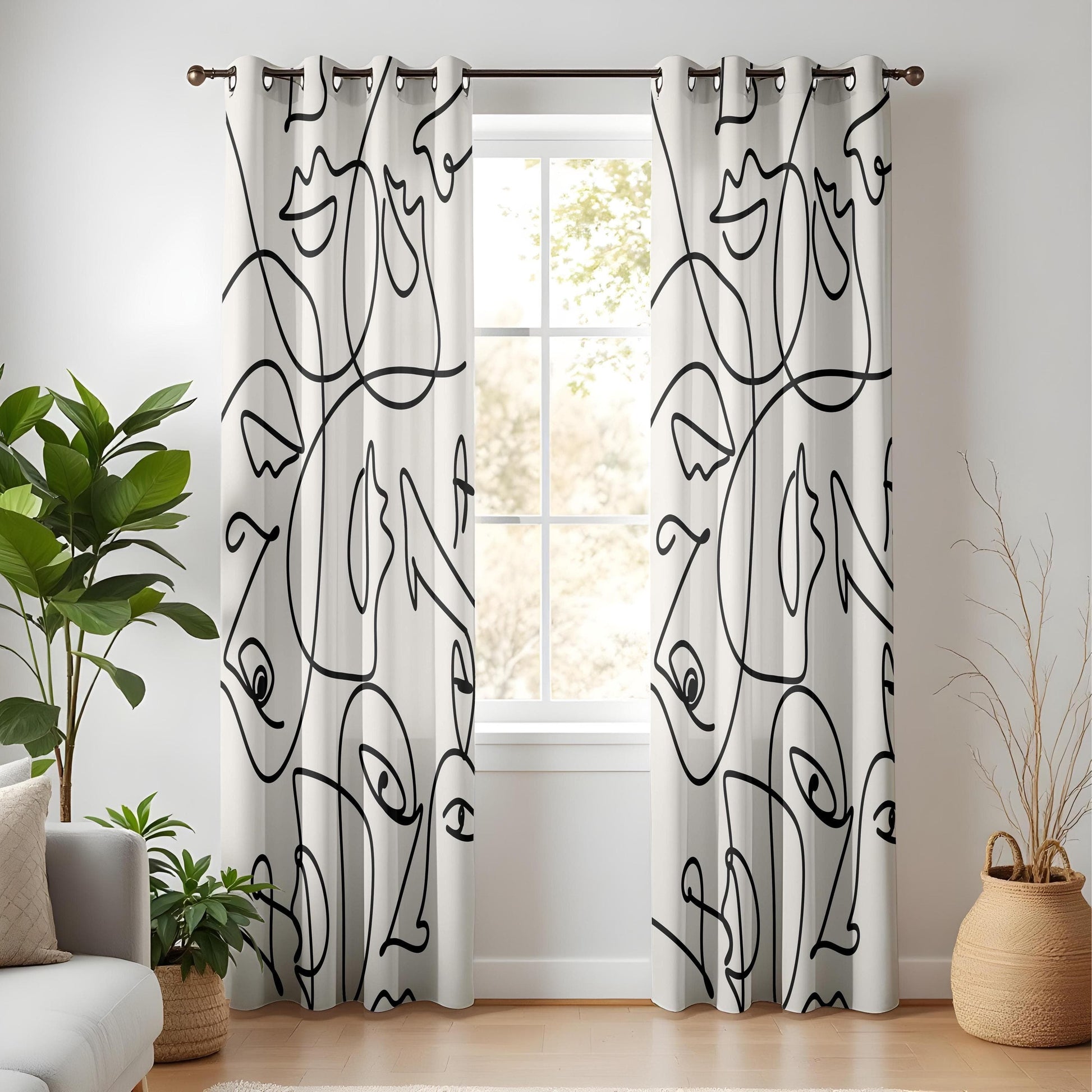 Onay Abstract Face Line Art Curtains – Minimalist Black and White Drapes