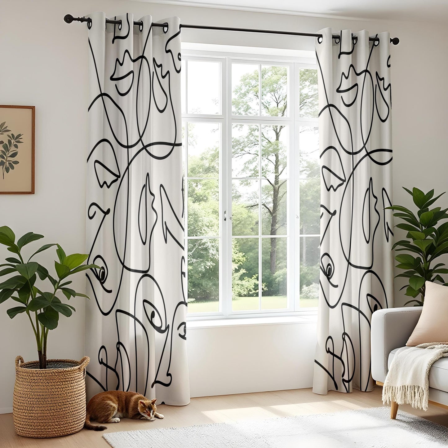 Onay Abstract Face Line Art Curtains – Minimalist Black and White Drapes