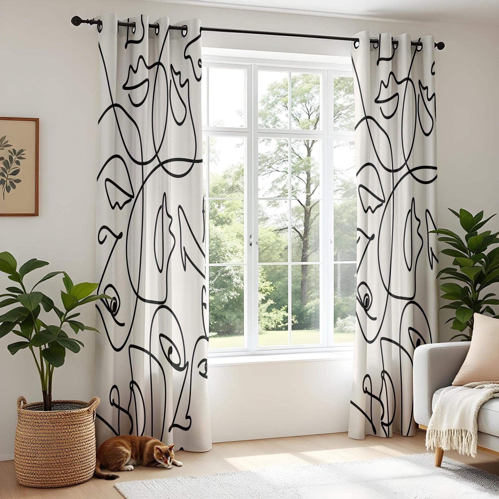 Onay Abstract Face Line Art Curtains – Minimalist Black and White Drapes