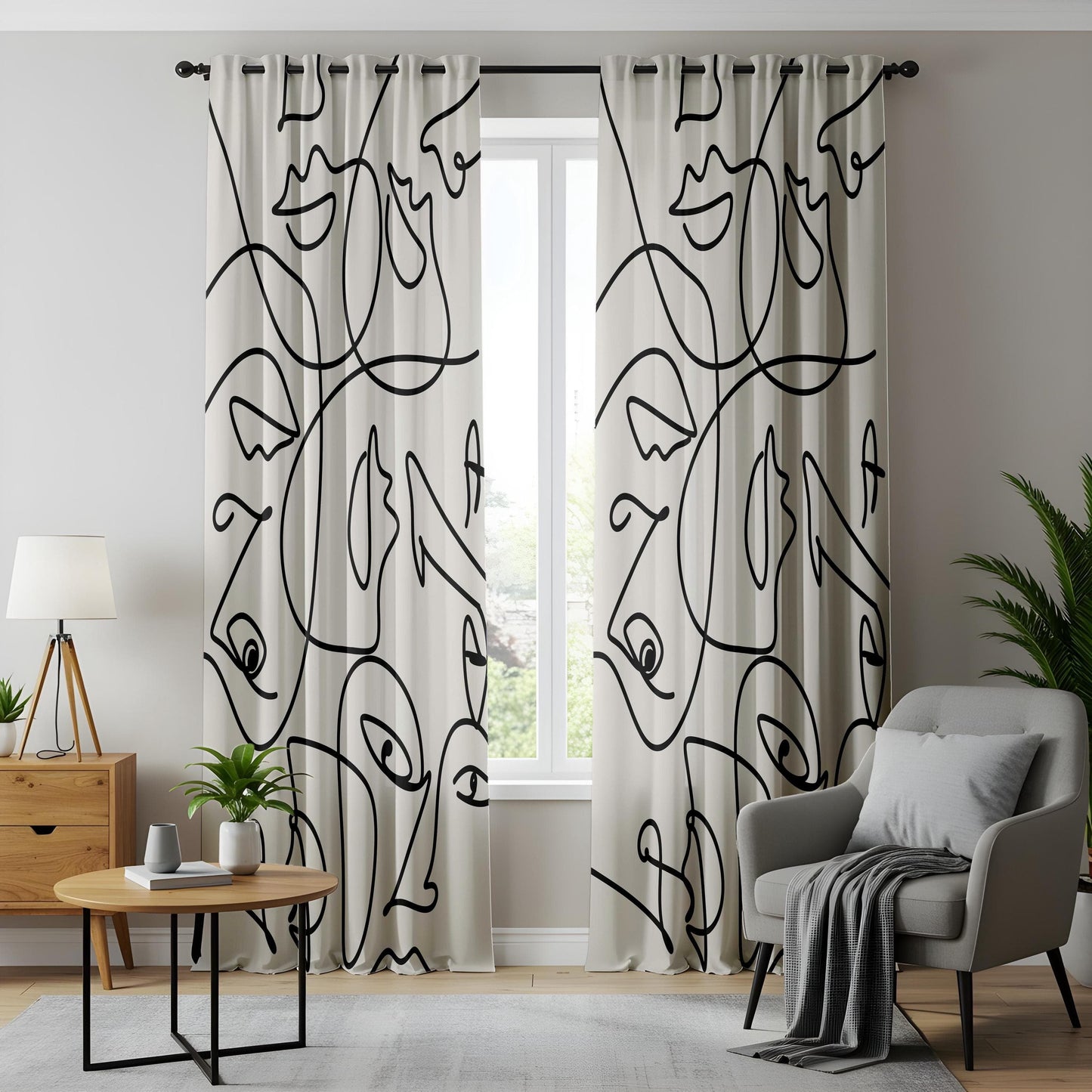 Onay Abstract Face Line Art Curtains – Minimalist Black and White Drapes