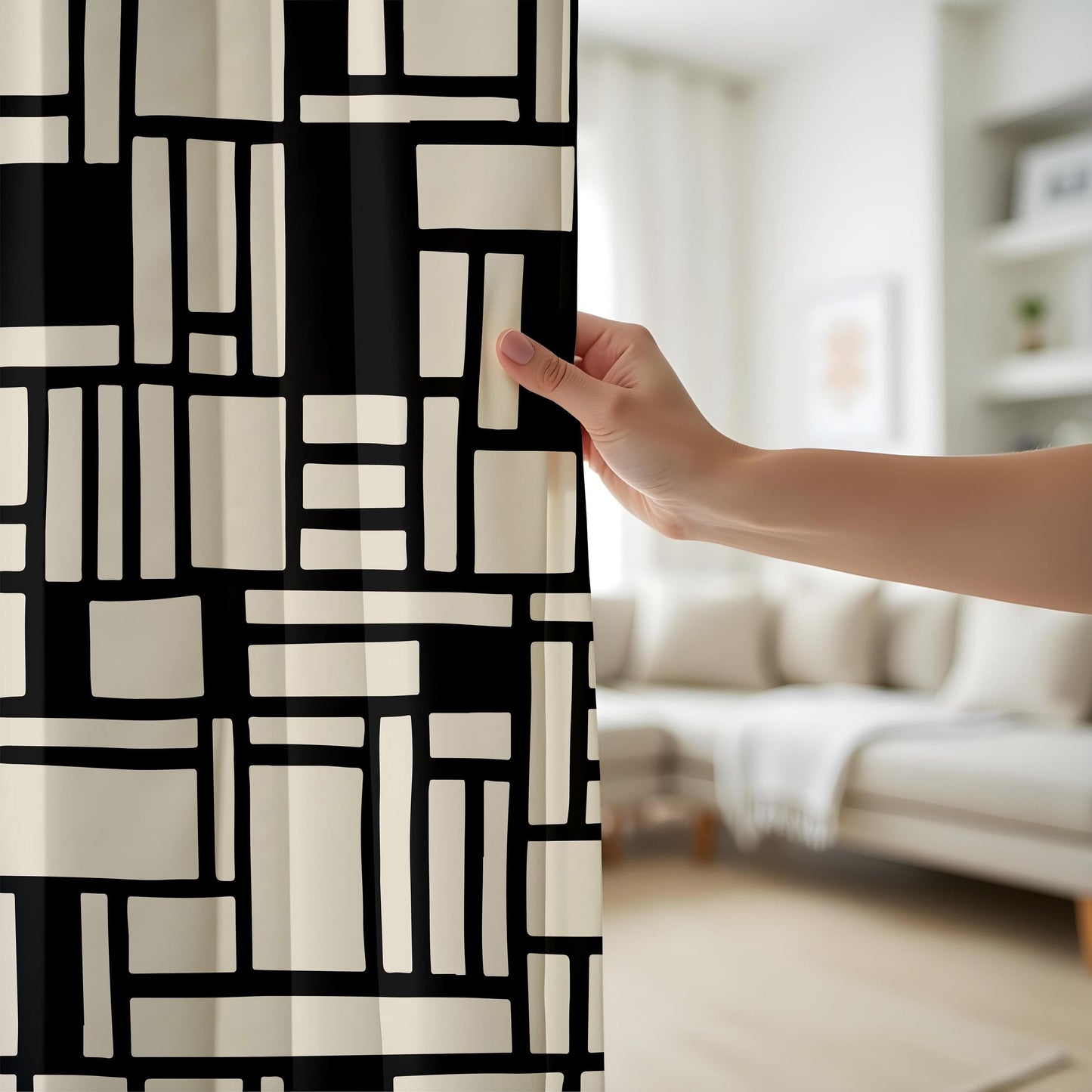 Onay Abstract Geometric Block Curtains – Black and Beige Minimalist Drapes for Modern Interiors