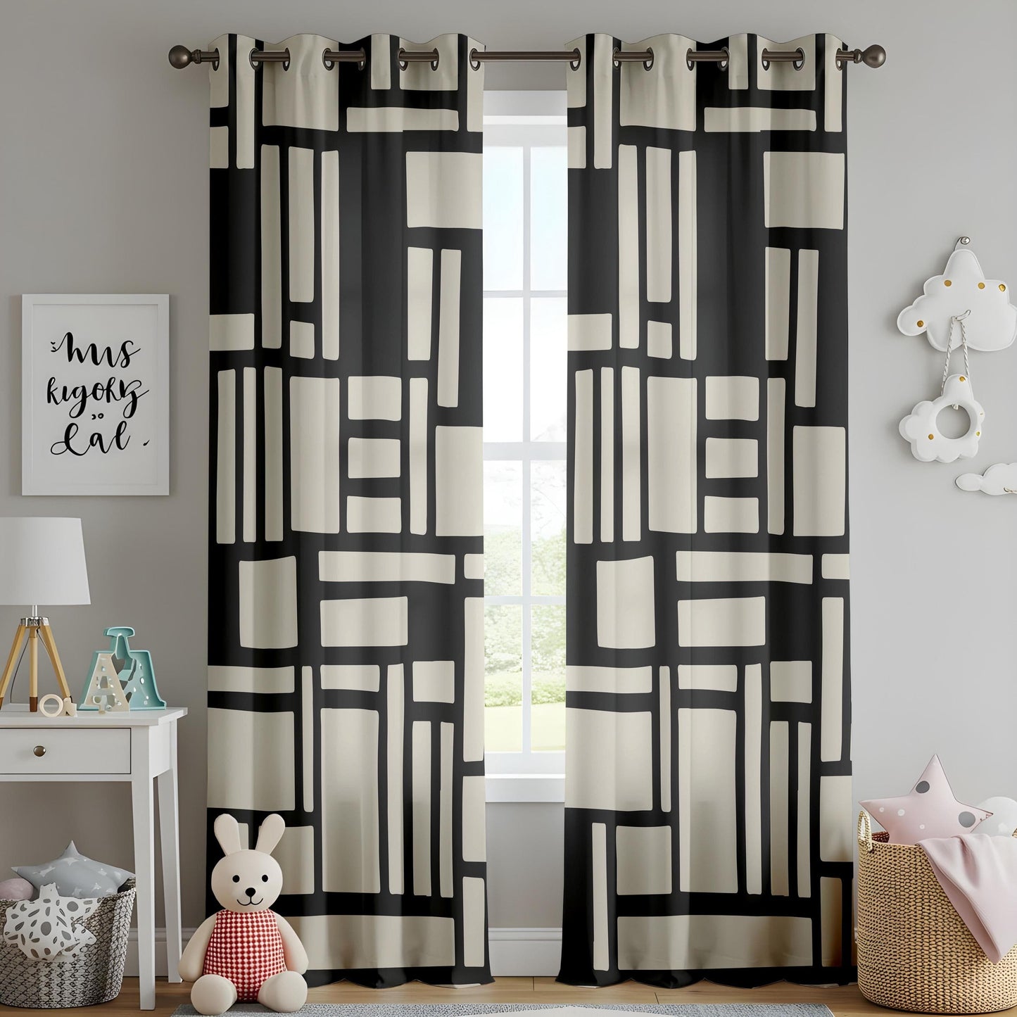 Onay Abstract Geometric Block Curtains – Black and Beige Minimalist Drapes for Modern Interiors