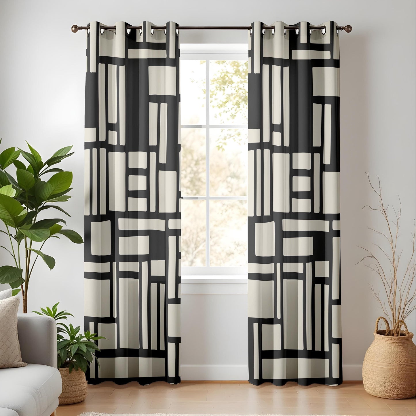 Onay Abstract Geometric Block Curtains – Black and Beige Minimalist Drapes for Modern Interiors